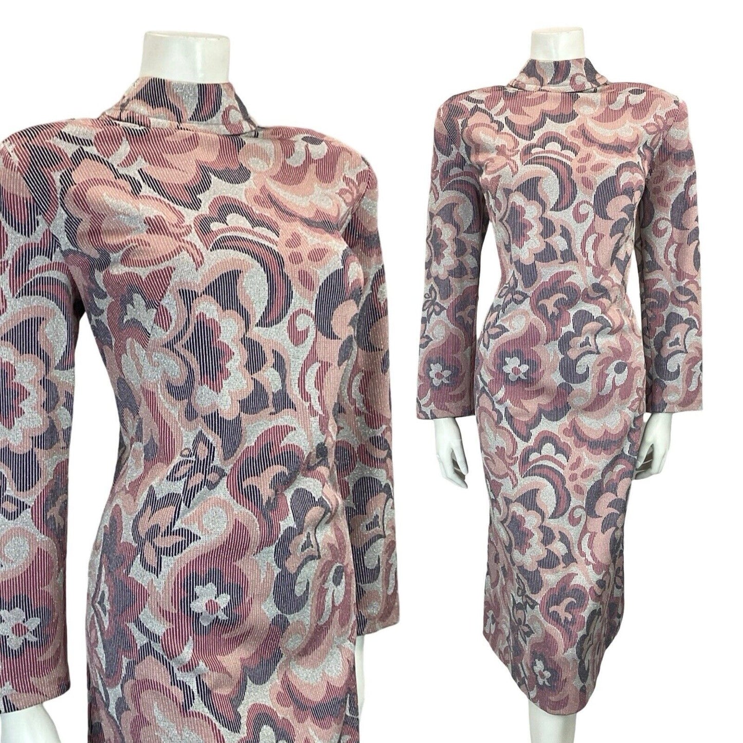 VTG 60S MOD PSYCHEDELIC SILVER PURPLE PINK SPARKLING FUNNEL NECK PARTY DRESS 16