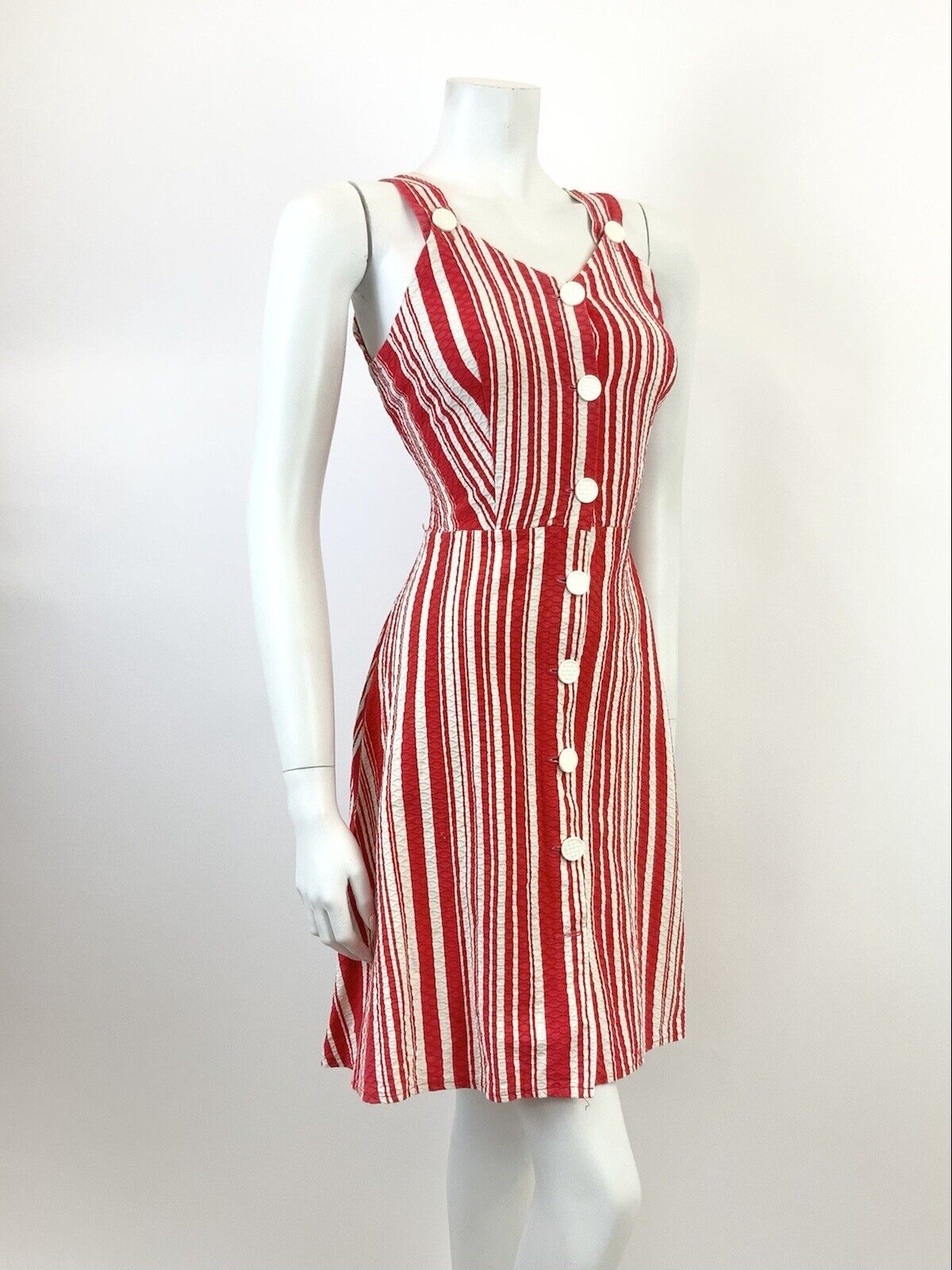 VINTAGE 60s 70s RED WHITE CANDY STRIPED SWEETHEART SLEEVELESS MOD SUN DRESS 8 10