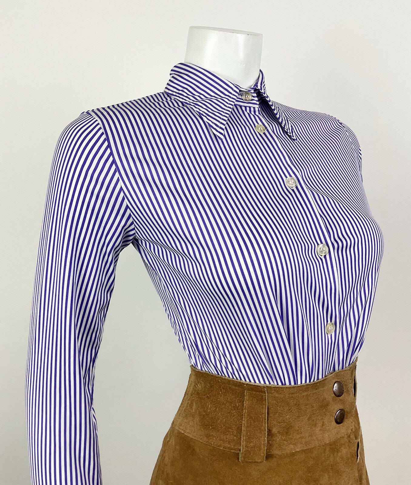 VINTAGE 60s 70s PURPLE WHITE STRIPED MOD DAGGER SHIRT BLOUSE 8