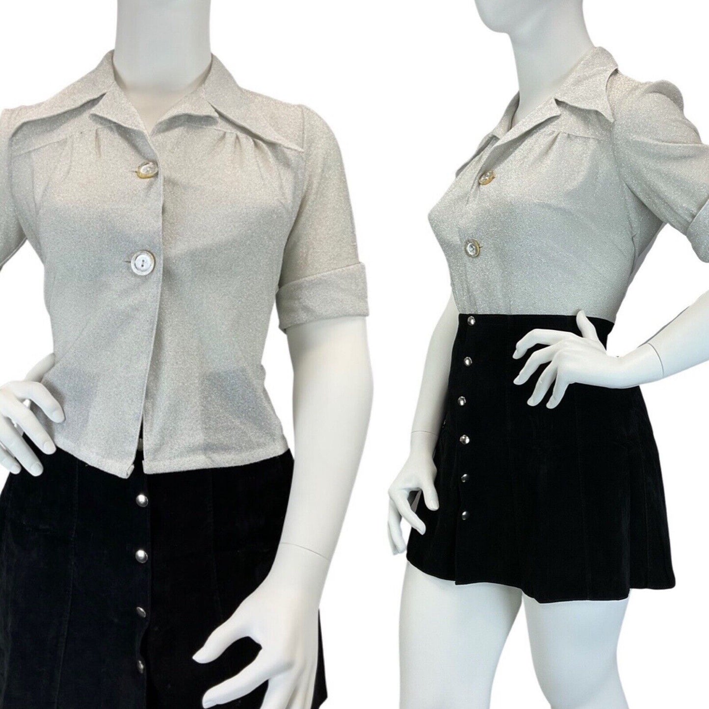 VINTAGE 60s 70s SILVER GLITTER MOD DISCO STUDIO 54 DAGGER COLLAR SHIRT 16 18