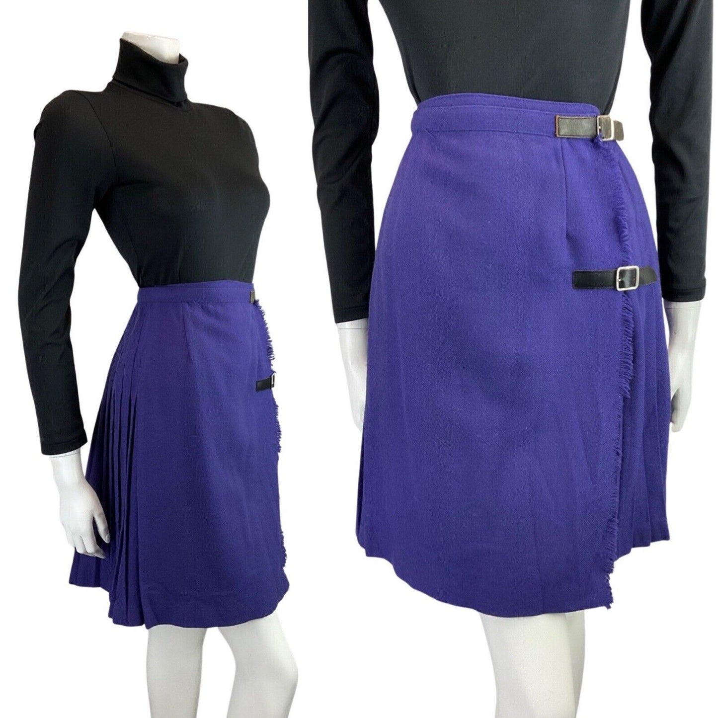 VINTAGE 60s 70s PURPLE PLEATED WOOL MOD BUCKLED KILT SKIRT 4