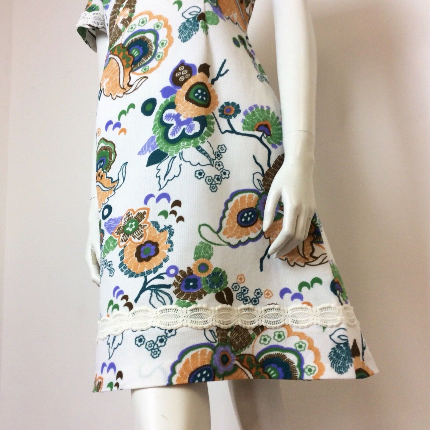 VINTAGE 60S FLORAL MINI DRESS WHITE ORANGE BROWN GREEN PURPLE 10 12