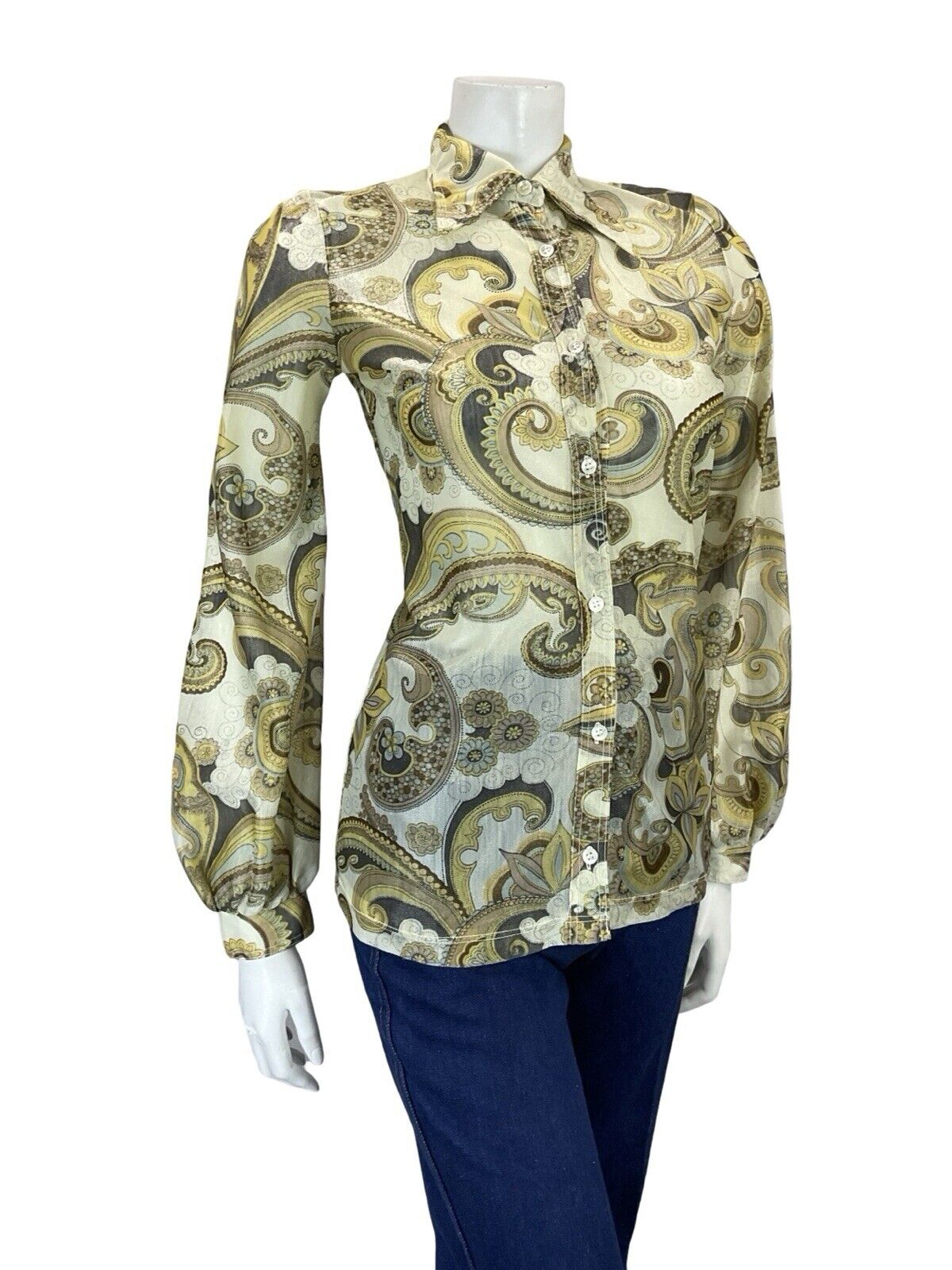 VTG 60S 70S CREAM YELLOW BLACK PSYCHEDELIC SHIMMERY DAGGER COLLAR PARTY SHIRT 6