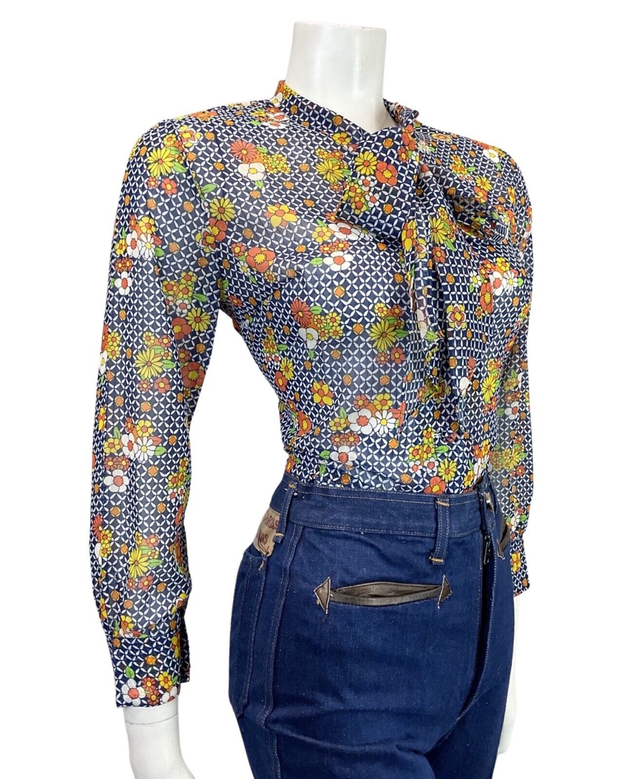 VINTAGE 60s 70s BLUE WHITE ORANGE CHECKED FLORAL PUSSYBOW SHEER BLOUSE 10 12