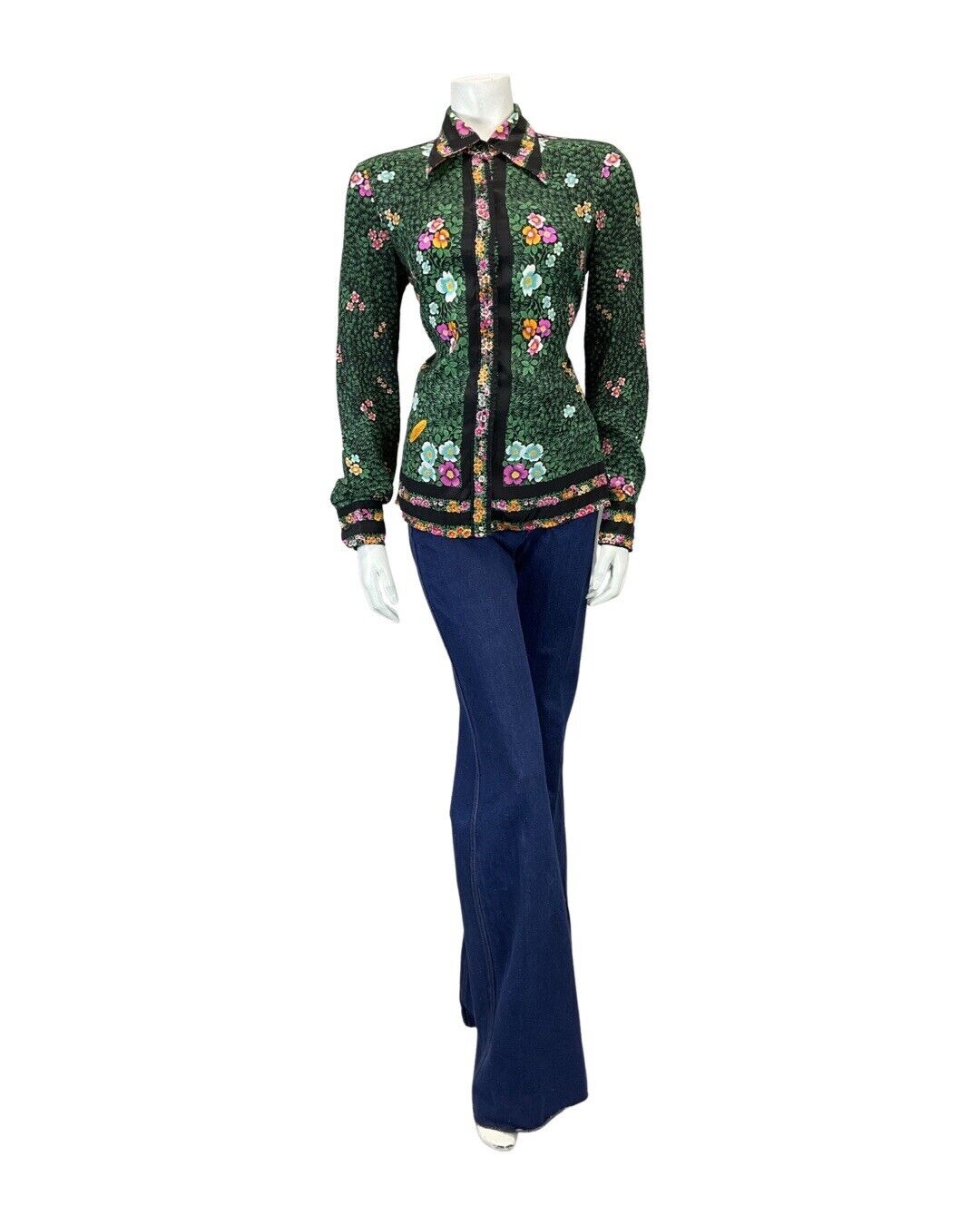 VINTAGE 70s 90s GREEN BLACK PINK LEAFY FLOWER GARDEN DAGGER COLLAR BLOUSE 12 14