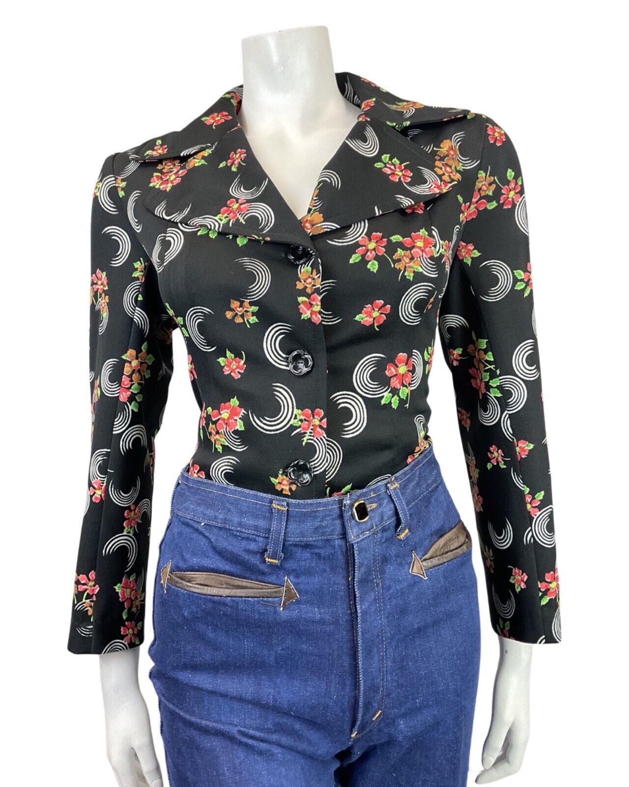 VINTAGE 60s 70s BLACK WHITE RED FLORAL CIRCULAR MOD SHIRT 12 14