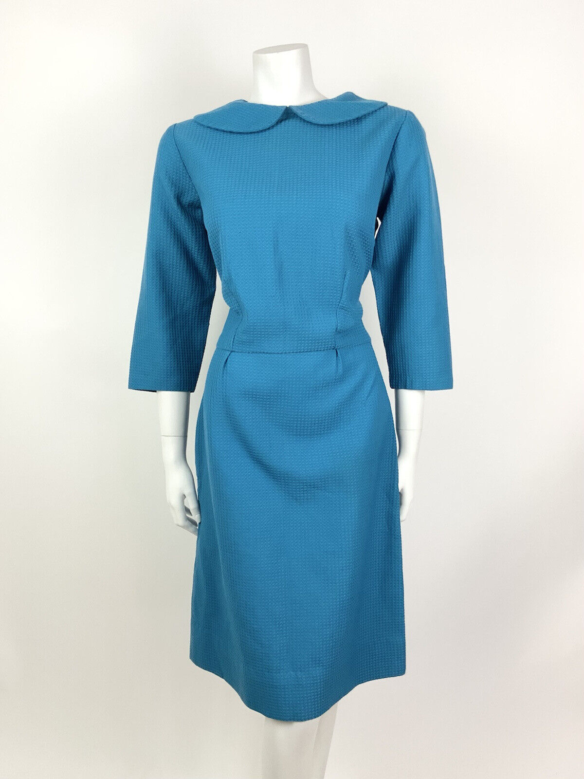 VINTAGE 60s 70s BRIGHT BLUE PETER PAN COLLAR WAFFLE MOD DRESS 12