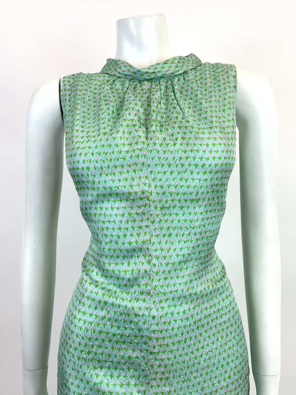 VINTAGE 60s 70s BLUE GREEN PINK GEOMETRIC SLEEVELESS MOD SHIFT DRESS 12