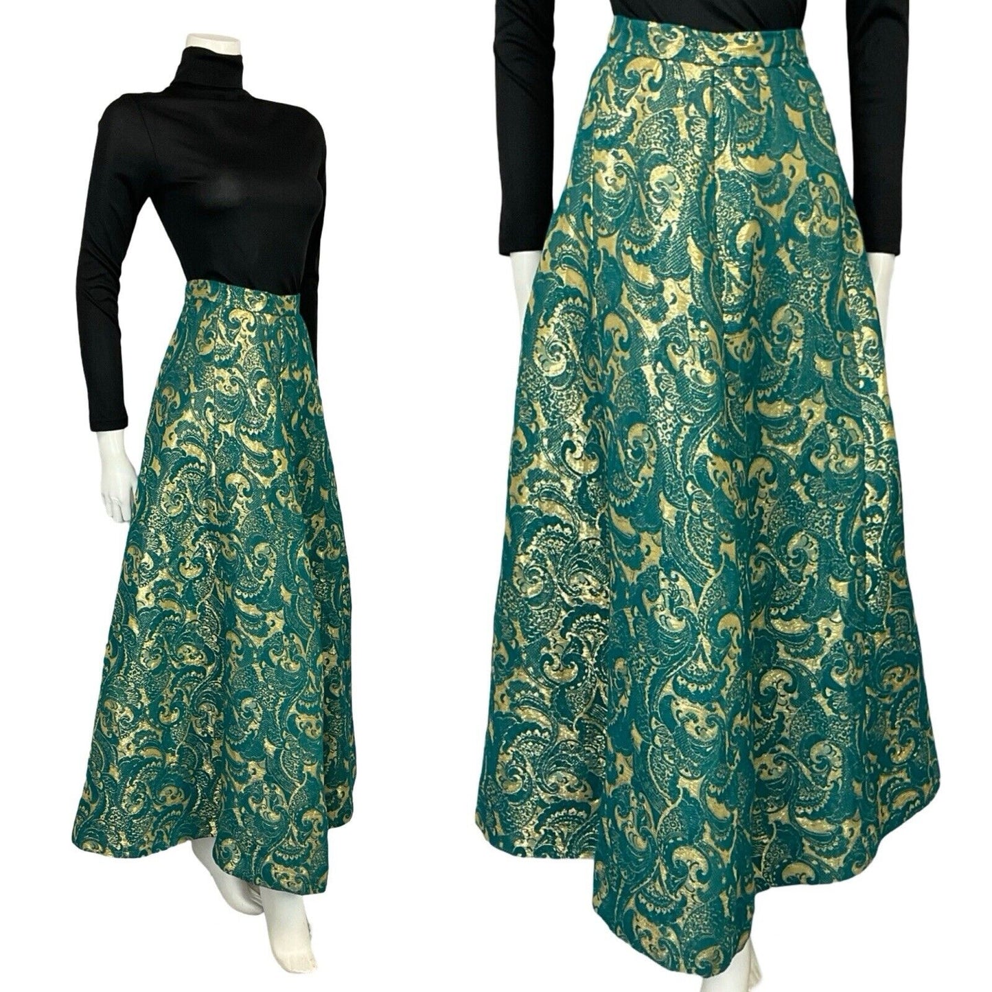 VTG 60S 70S TEAL BLUE GOLD BROCADE METALLIC PARTY FORMAL A. LINE MAXI SKIRT 12