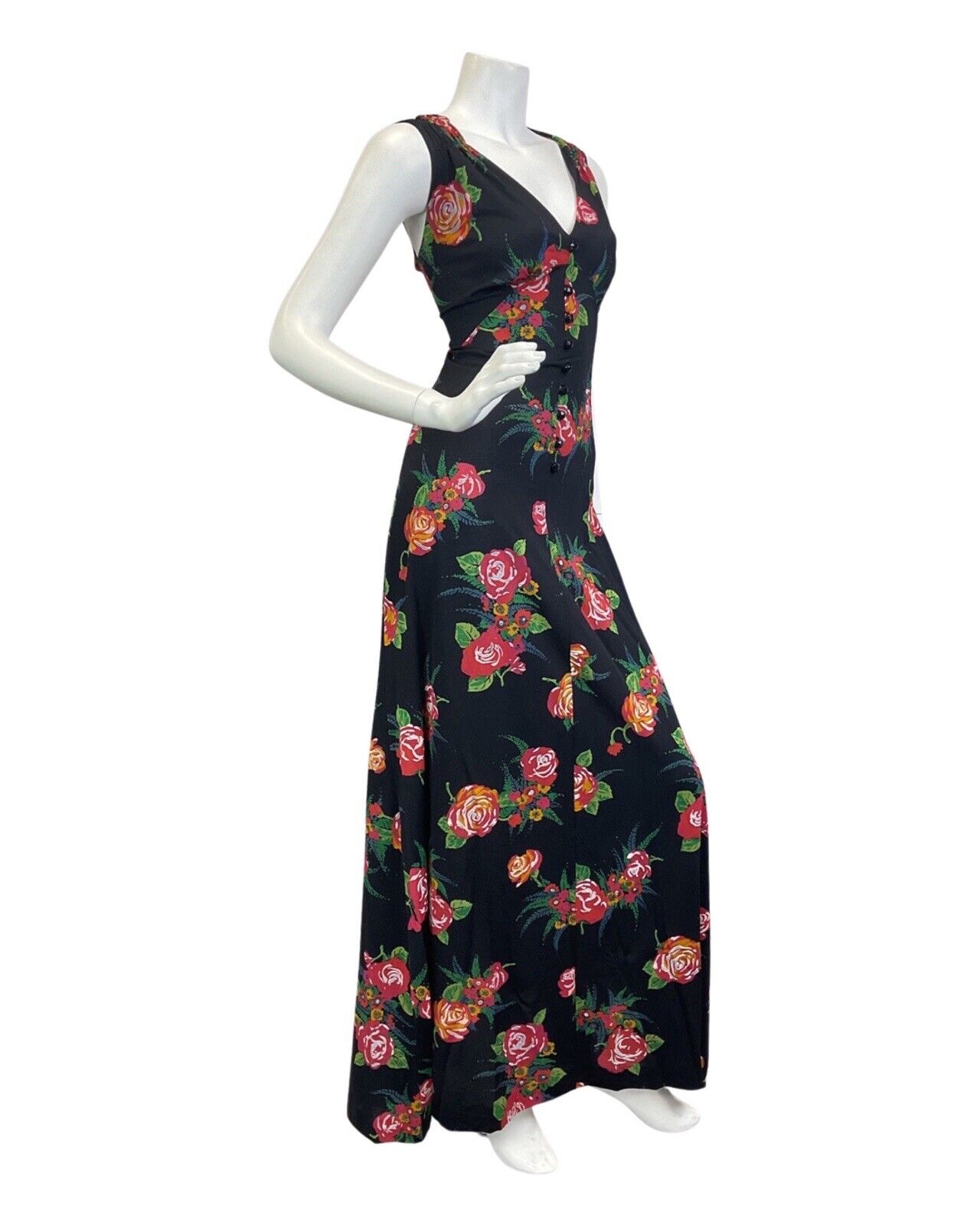VINTAGE 60s 70s BLACK RED GREEN ROSE FLOWER BOUQUET SLEEVELESS MAXI DRESS 12 14