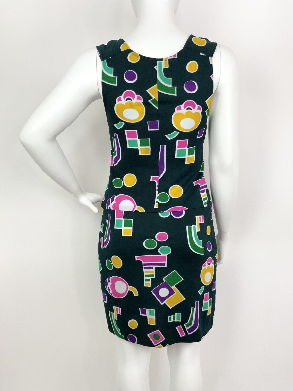 VINTAGE 60s 70s GREEN PINK YELLOW GEOMETRIC MOD PLUNGING SLEEVELESS DRESS 14 16