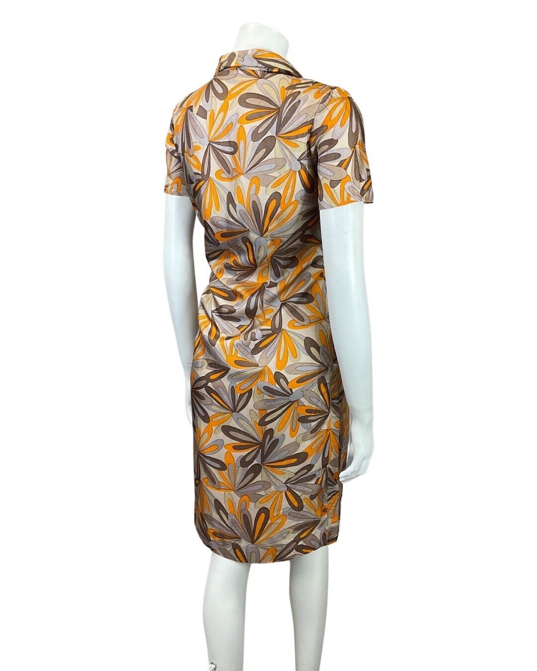 VINTAGE 60s 70s BROWN ORANGE BEIGE PSYCHEDELIC FLORAL SHIRT DRESS 12 14