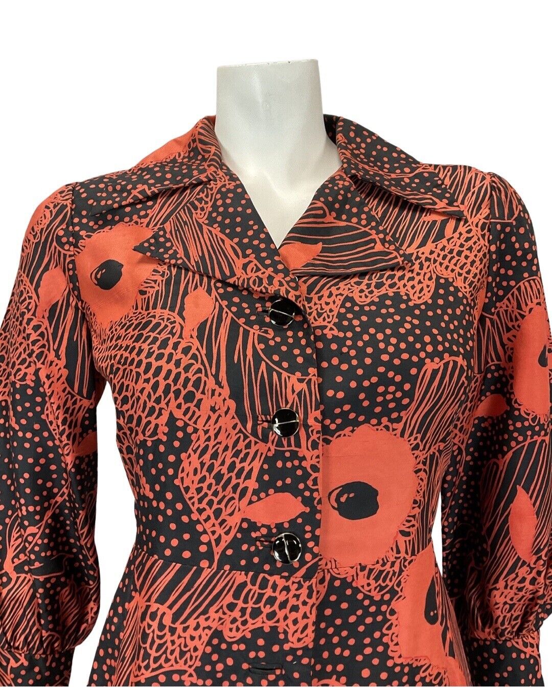 VINTAGE 60s 70s ORANGE BLUE FLORAL PSYCHEDELIC MOD SILK SHIRT DRESS 10