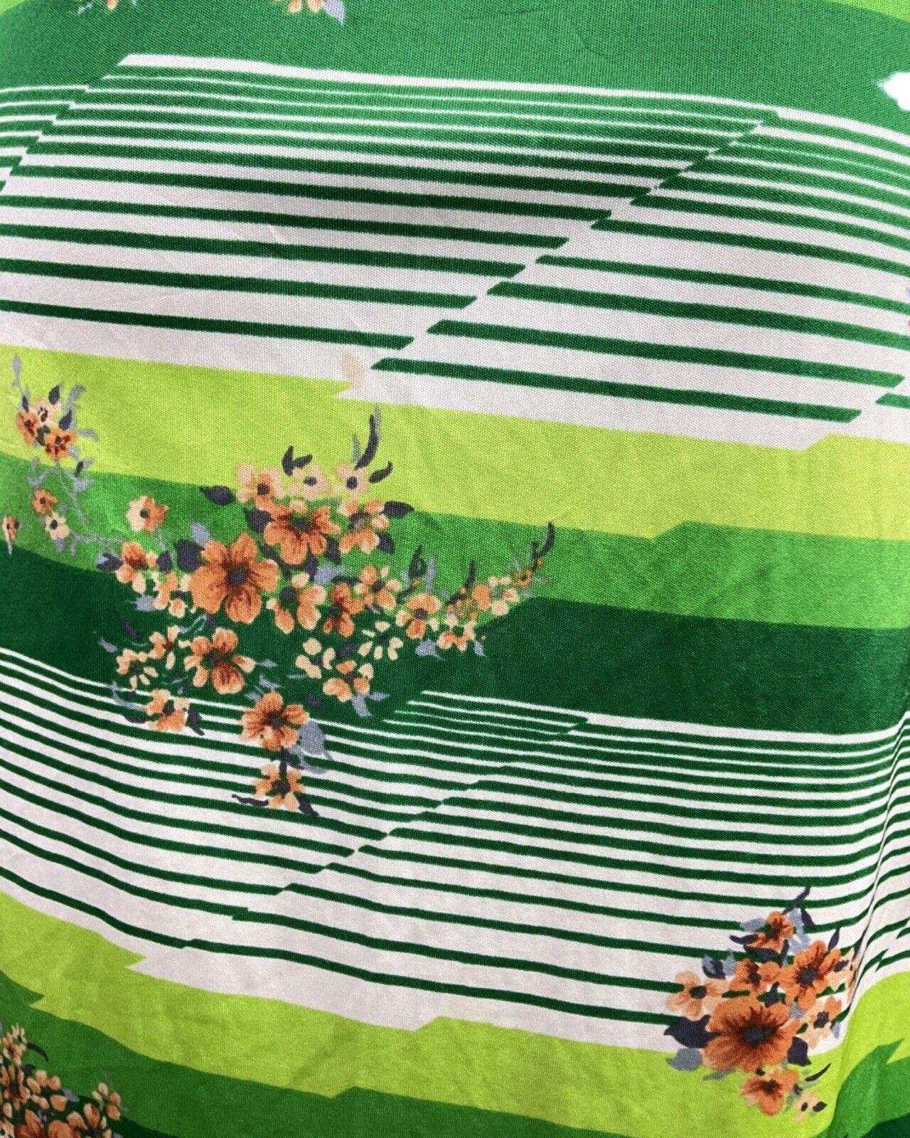 VINTAGE 60s 70s GREEN WHITE ORANGE STRIPED FLORAL MOD DAGGER SHIRT DRESS 8 10