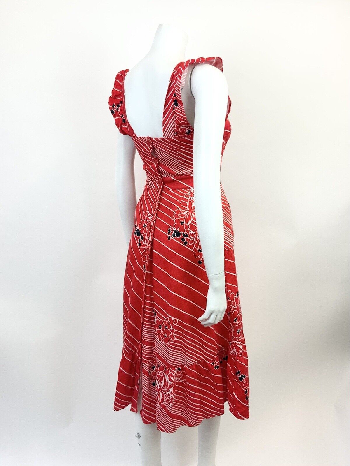 VINTAGE 60s 70s RED WHITE BLACK STRIPED FLORAL RUFFLED APRON SUMMER DRESS 4