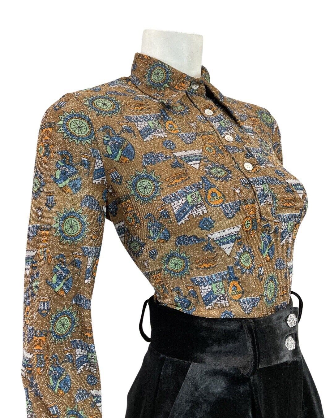 VINTAGE 70s BROWN SILVER BLUE CASTLE TENT MOD DAGGER COLLAR LUREX SHIRT 12