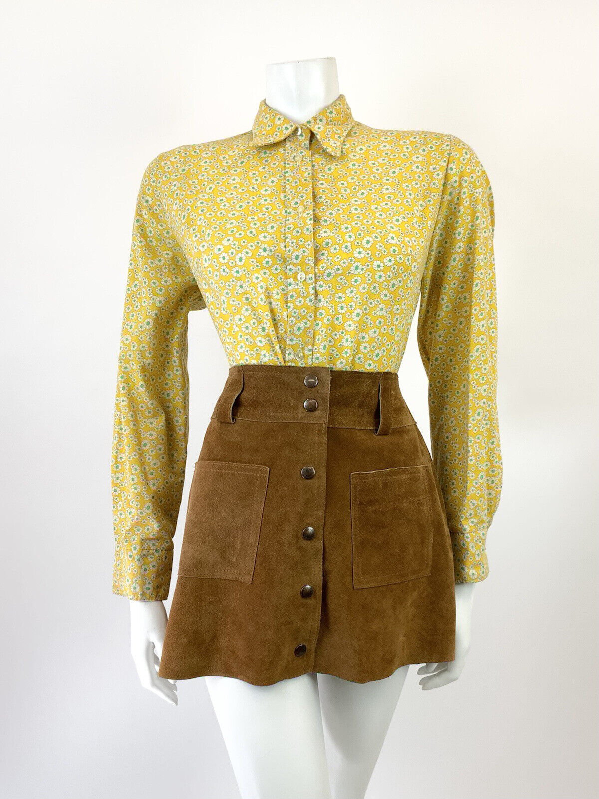 VINTAGE 60s 70s YELLOW WHITE GREEN FLORAL DITSY MOD DAGGER SHIRT BLOUSE 16 18