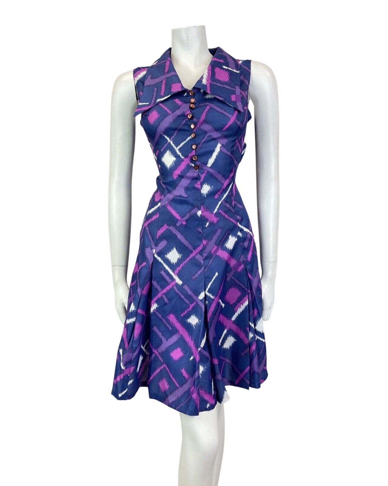 VTG 60s 70s BLUE PURPLE PINK STRIPED GEOMETRIC WING COLLAR MOD SWING DRESS 10 12