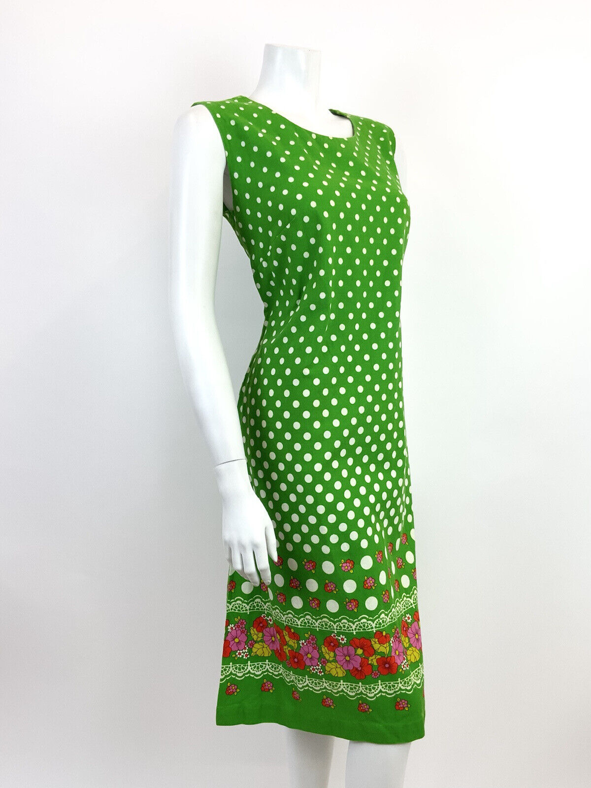 VTG 60s 70s GREEN WHITE PINK POLKA-DOT FLORAL LACE BOHO FOLK A-LINE DRESS 10 12
