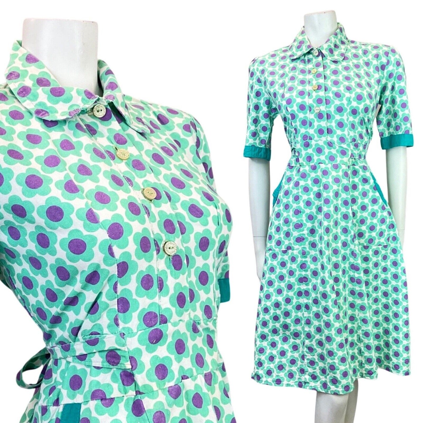 VINTAGE 60s 70s MINT PURPLE DAISY FLOWER MOD PETER PAN COLLAR SHIRT DRESS 14