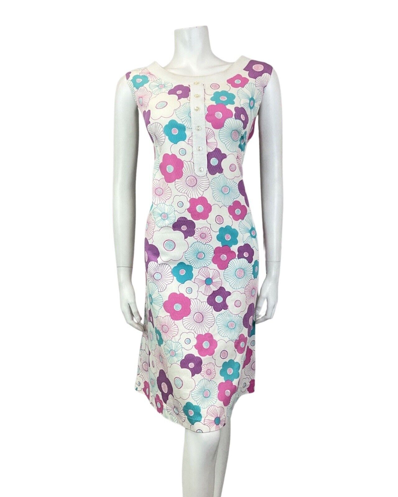 VINTAGE 60s 70s WHITE PINK BLUE DAISY FLOWER MOD SLEEVELESS SHIFT DRESS 12 14