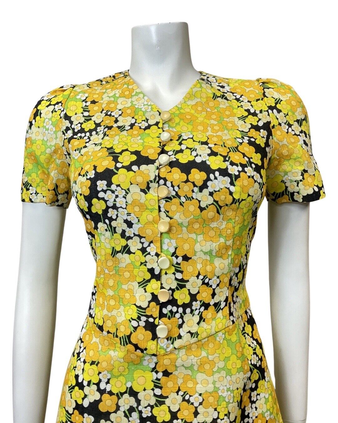VINTAGE 60s 70s YELLOW BLACK WHITE DITSY DAISY FLORAL MOD SHORT DRESS 8 10