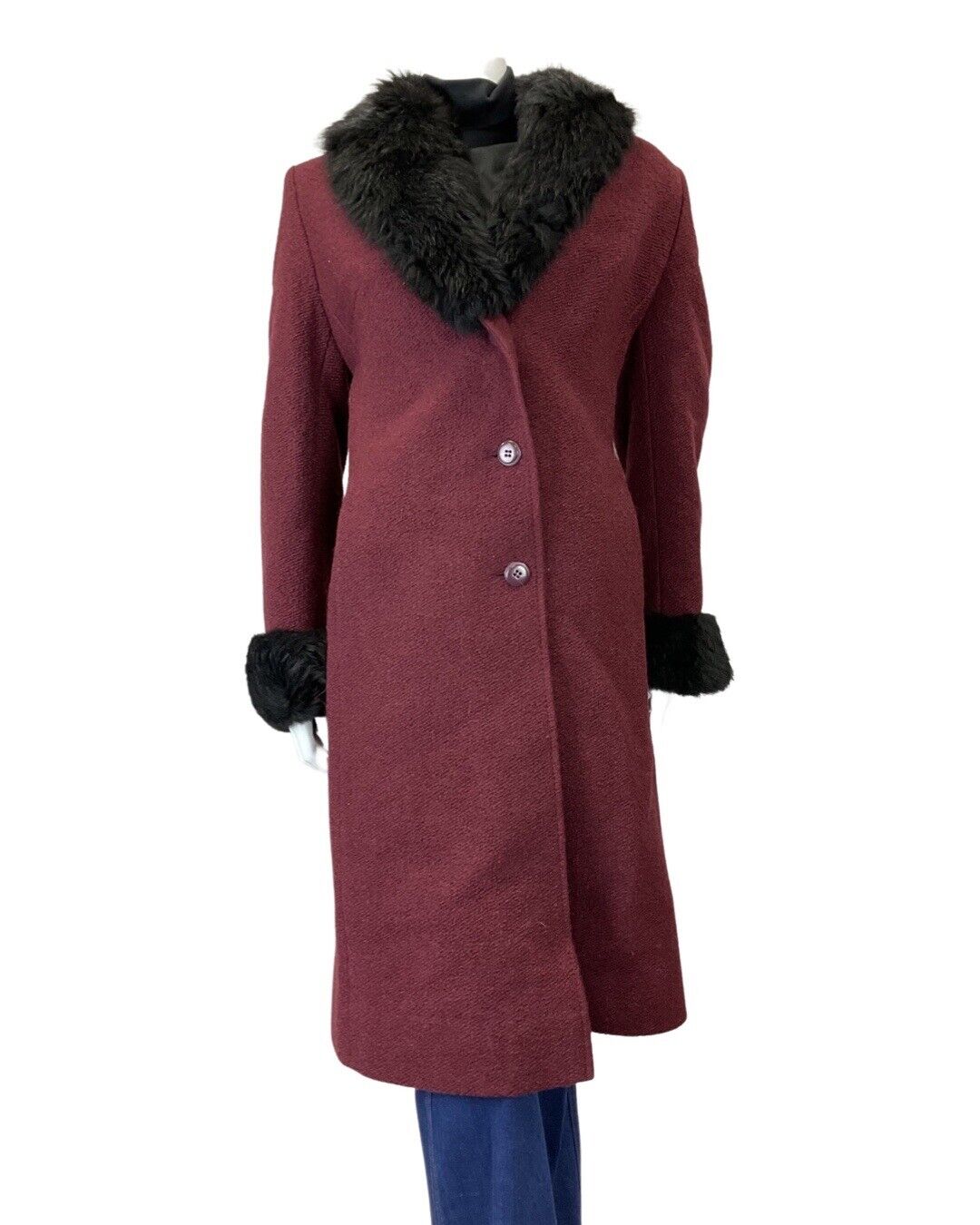 VINTAGE 60s 70s MAROON PURPLE BLACK FAUX FUR MOD MID-LENGTH WOOL COAT 14 16