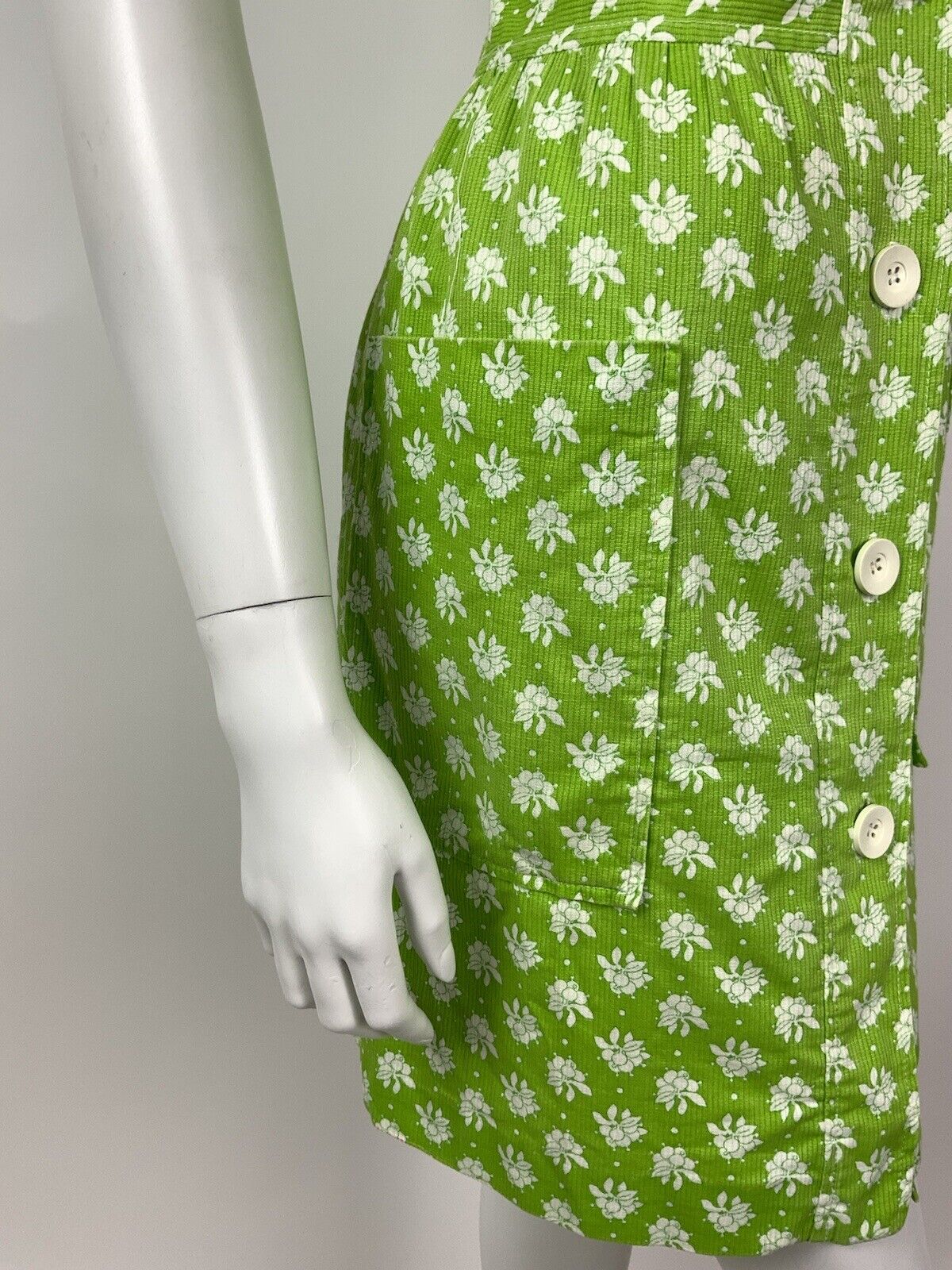 VINTAGE 60s 70s LIME GREEN WHITE FLORAL DOTTY MOD COTTON DRESS 10 12