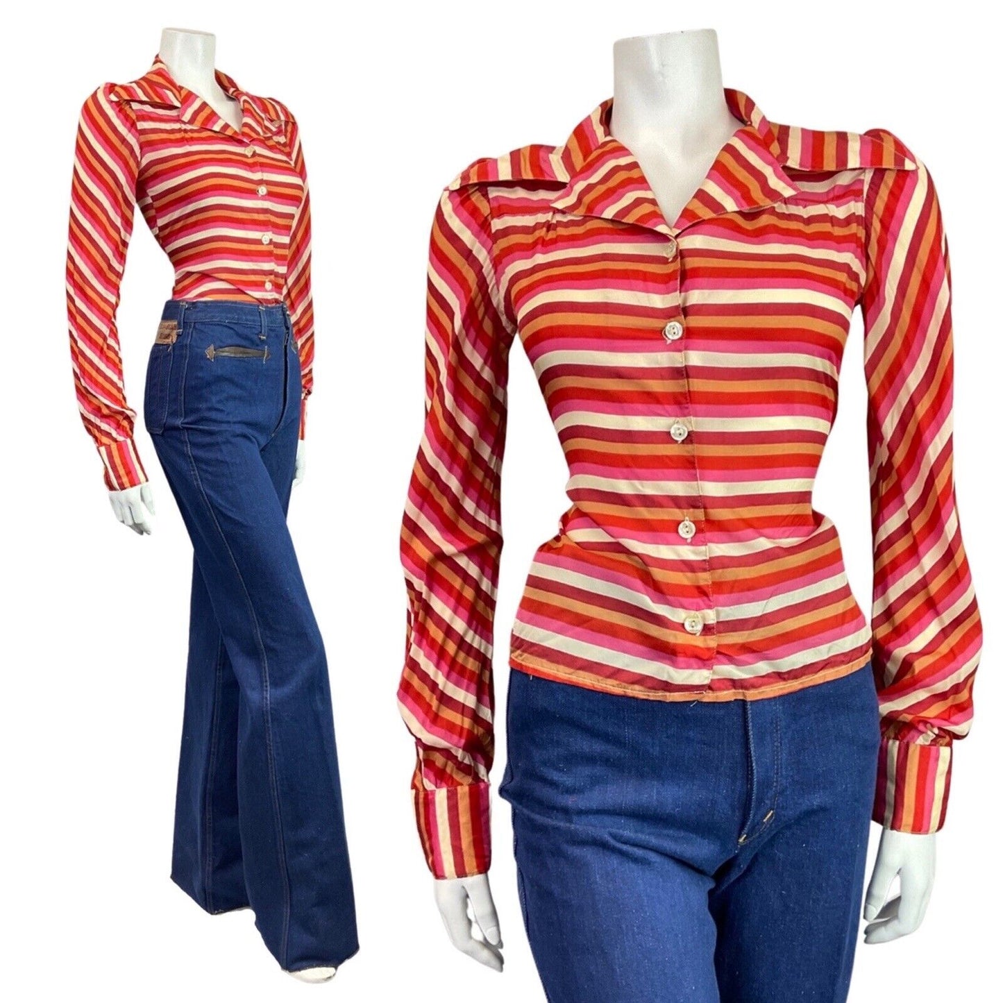 VINTAGE 60s 70s PINK RED GOLD STRIPED MOD DAGGER COLLAR SHIRT 8