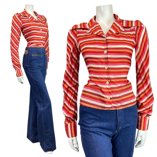 VINTAGE 60s 70s PINK RED GOLD STRIPED MOD DAGGER COLLAR SHIRT 8