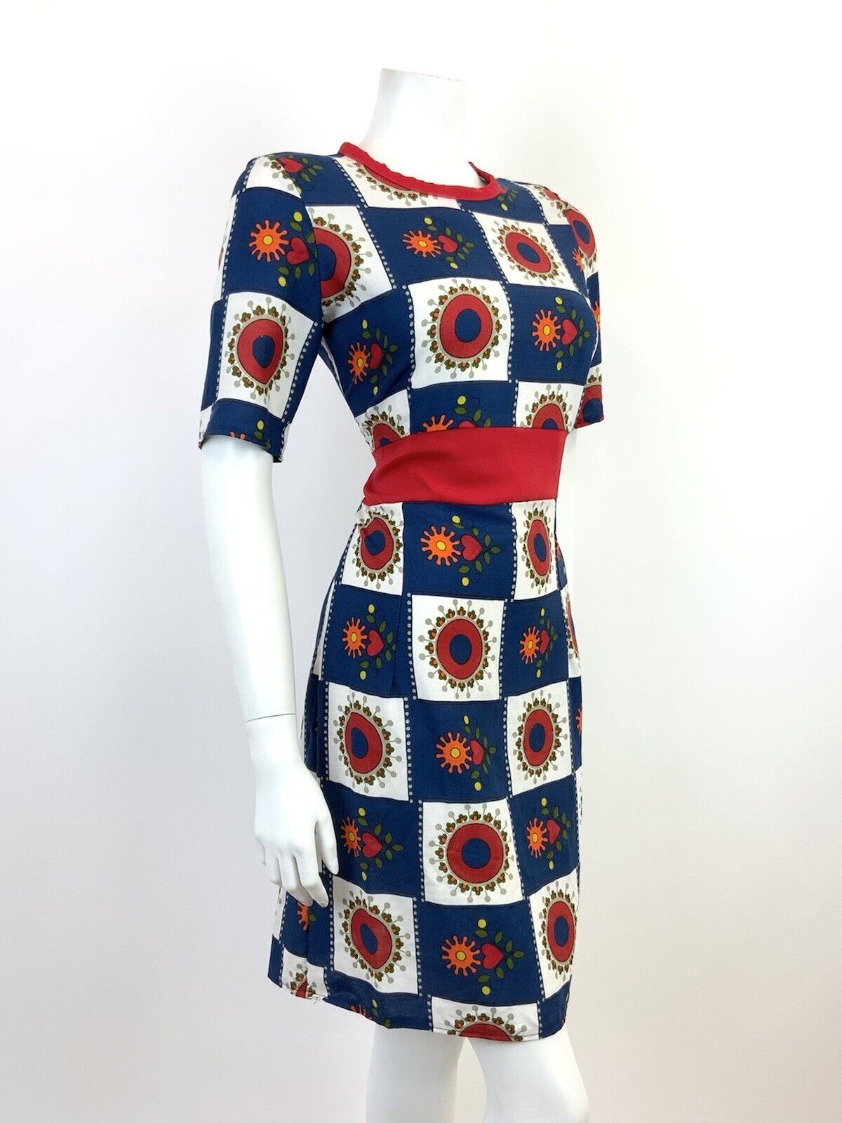 VINTAGE 60s 70s BLUE WHITE RED CHECKERBOARD HEART FLORAL MOD SHIFT DRESS 10 12