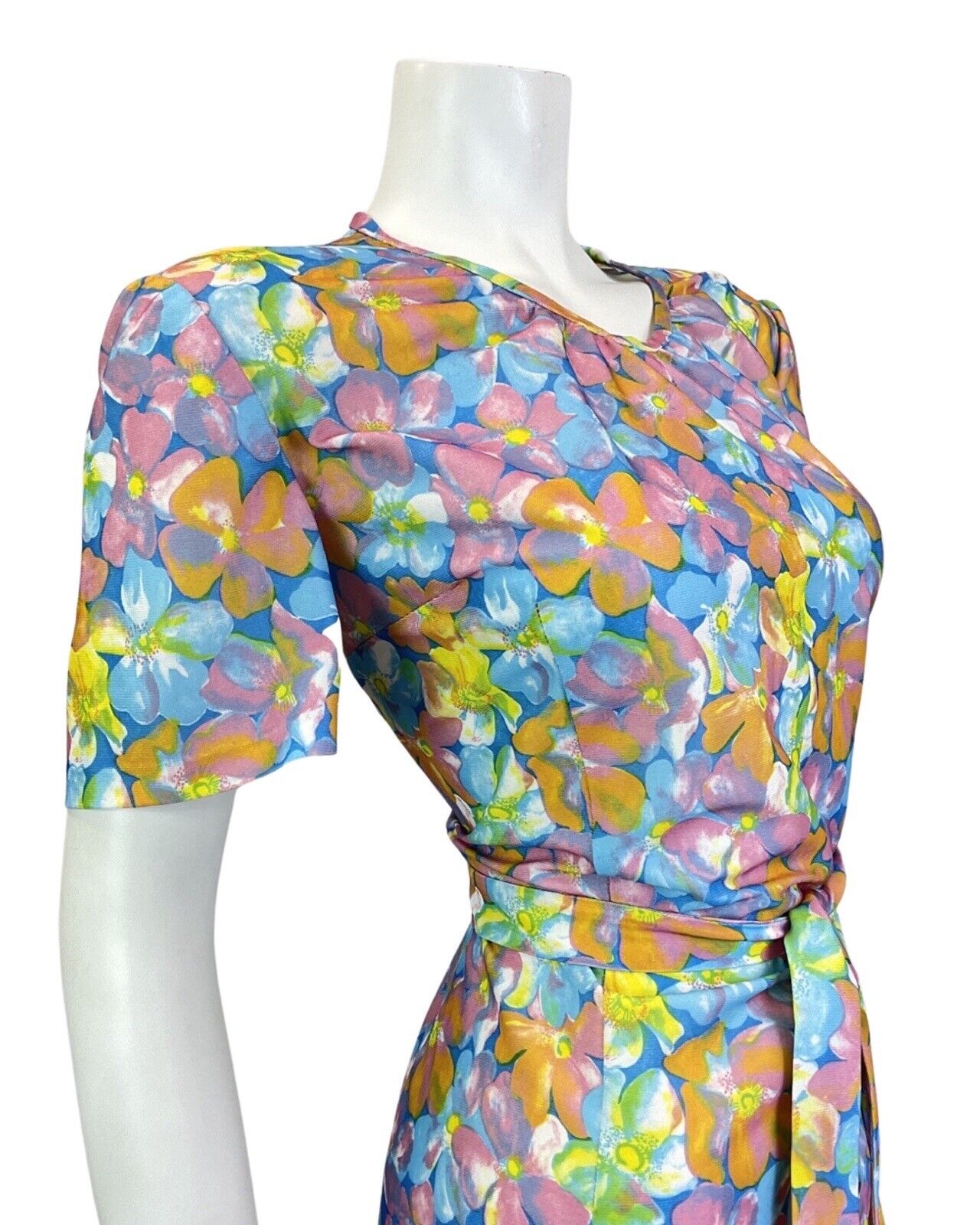VINTAGE 60s 70s BLUE GREEN ORANGE FLORAL PSYCHEDELIC MOD SUMMER DRESS 14 16