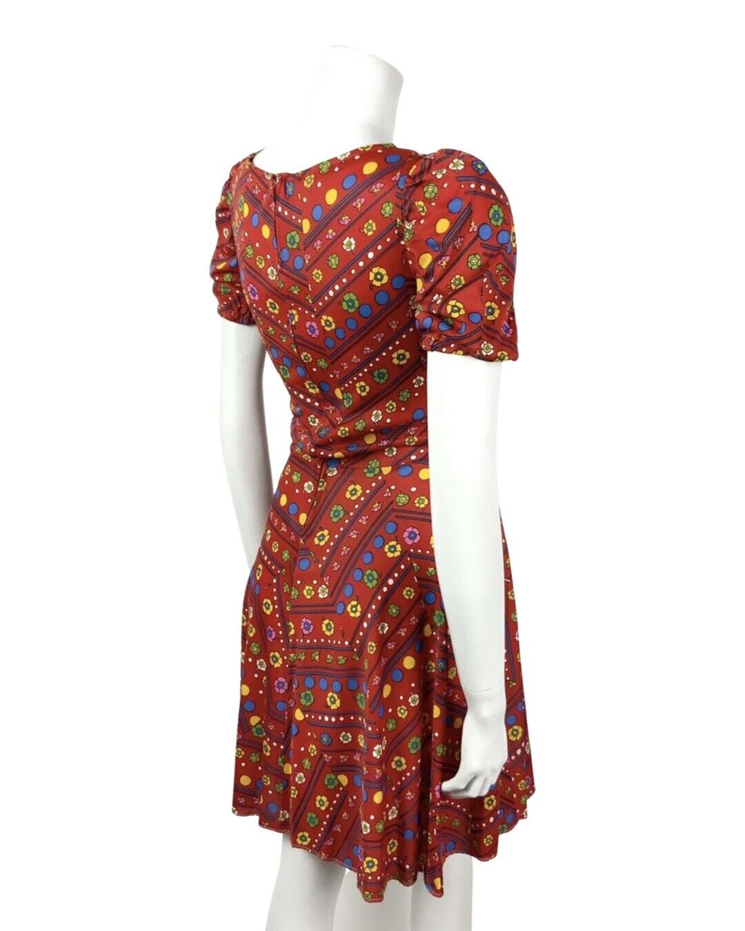 VTG 60s 70s RED BLUE YELLOW GREEN FLORAL DOTTY PUFF SLEEVE MOD SWING DRESS 8 10