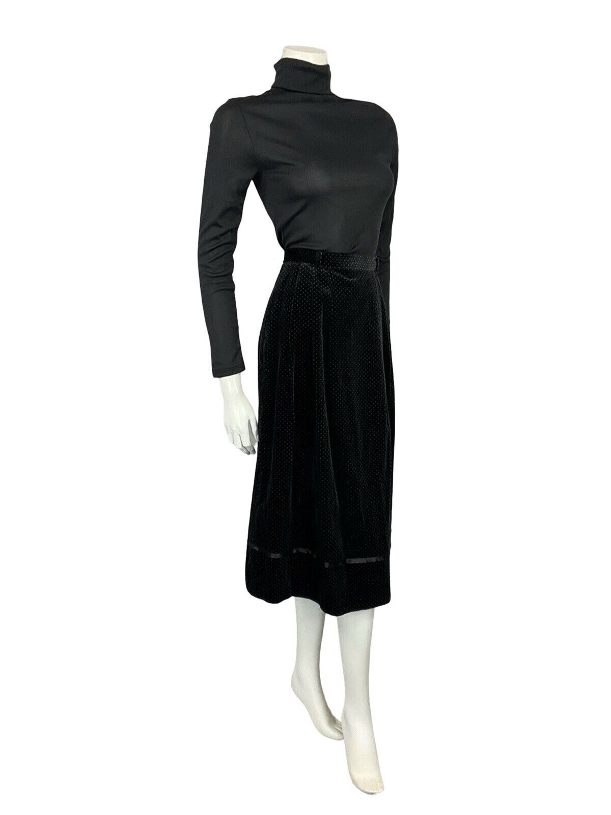 VTG 70S FOLK BOHO BLACK WHITE PIN DOT VELVET RIBBON TRIM MIDI SKIRT 6
