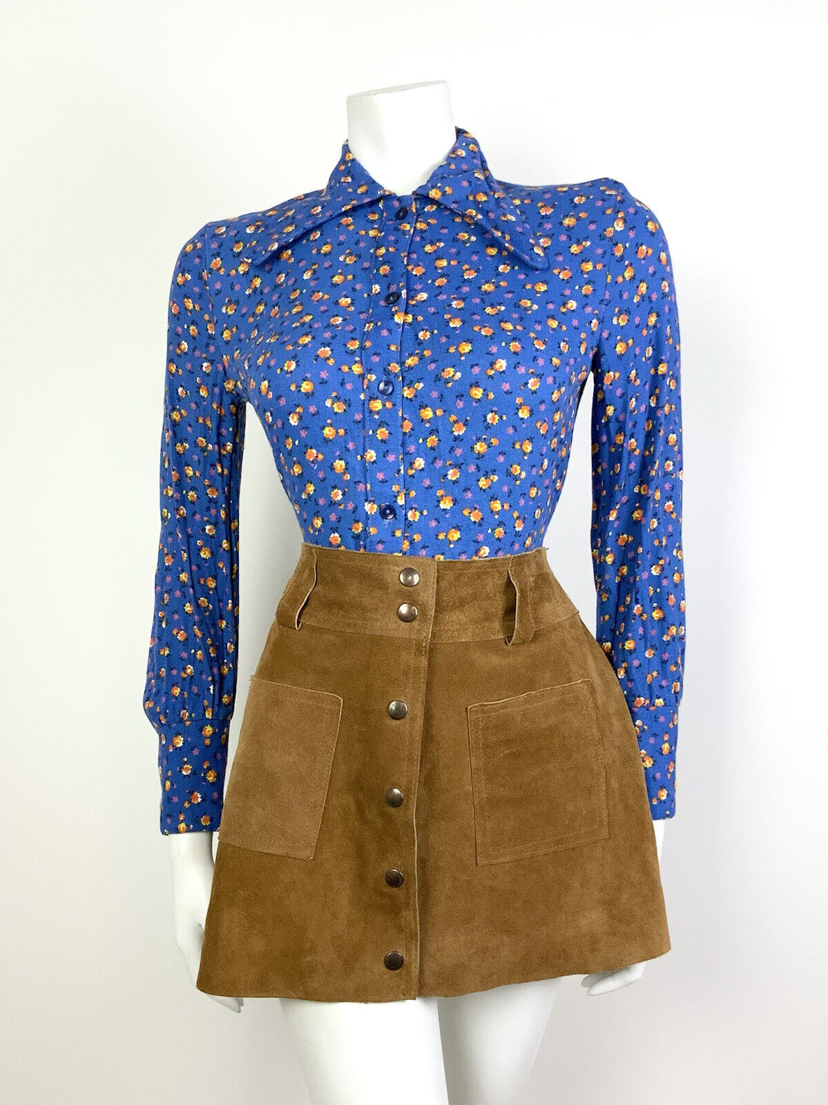 VTG 60s 70s BLUE ORANGE FLORAL DITSY DOG EAR BEAGLE COLLAR MOD SHIRT BLOUSE 8 10