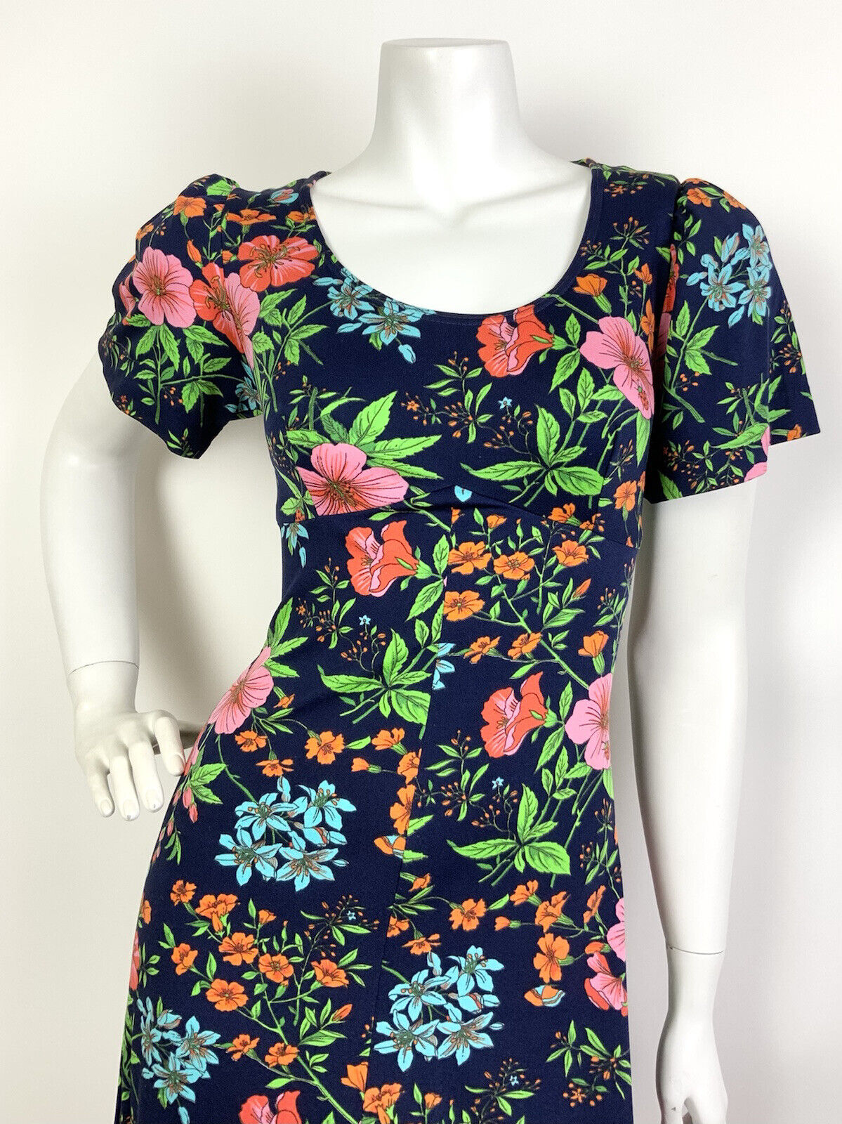 VTG 60s 70s BLUE PINK GREEN RED FLORAL BOTANICAL PSYCHEDELIC MAXI DRESS 10 12