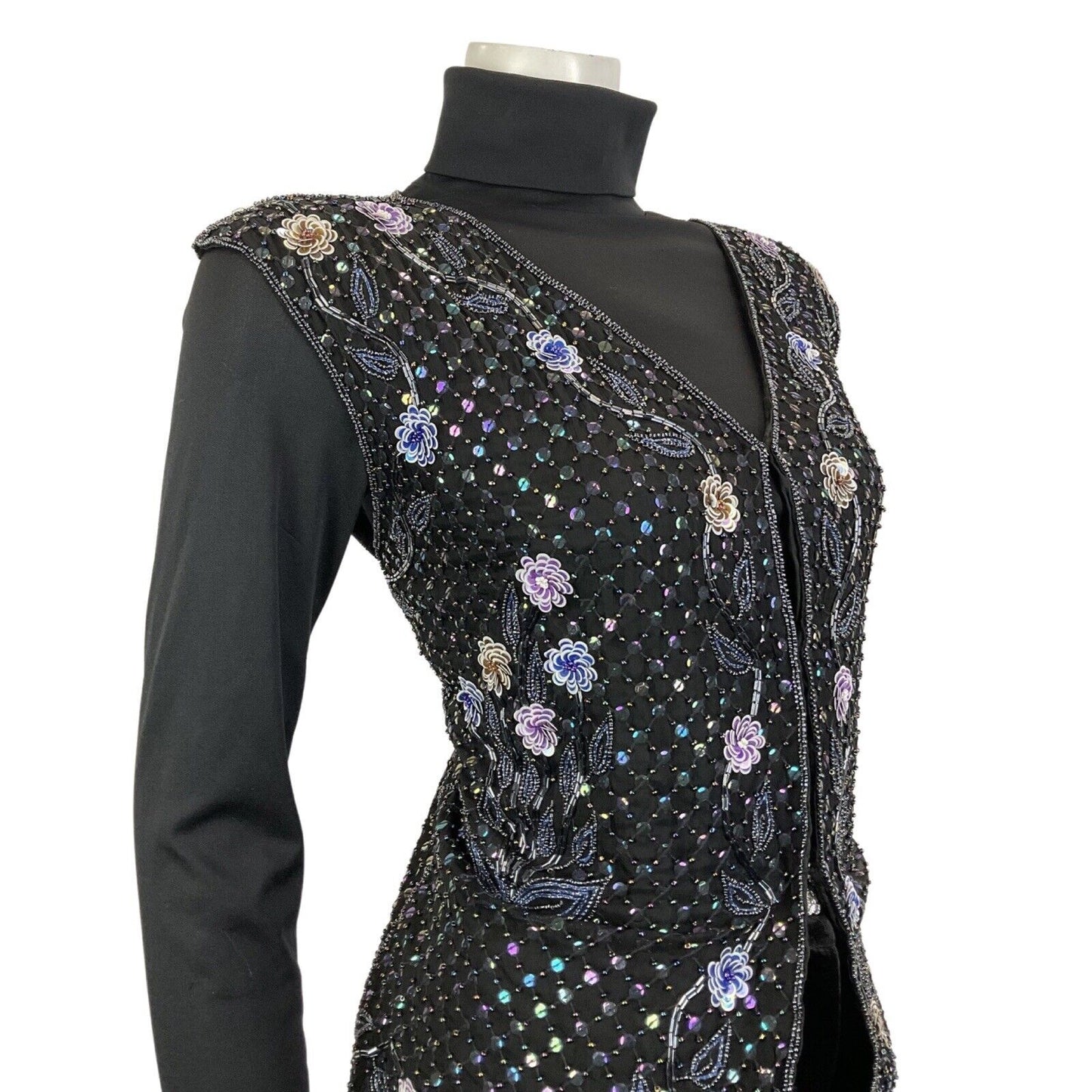 VINTAGE 70s 80s BLACK PURPLE FLORAL SEQUIN BEADED DISCO GLAM WAISTCOAT TOP 12 14