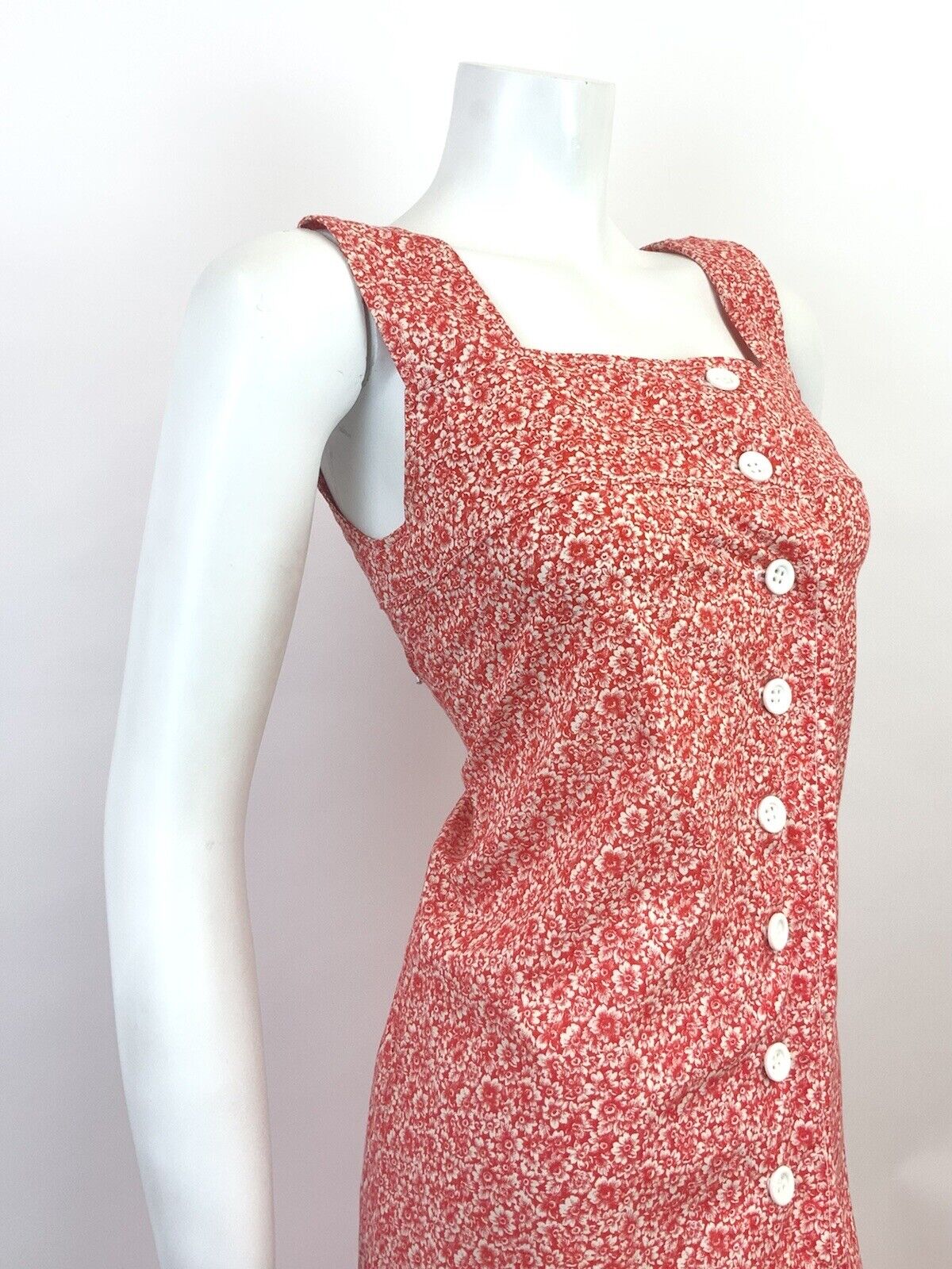 VTG 60s 70s RED WHITE FLORAL DITSY MOD BOHO PINAFORE SLEEVELESS SHIFT DRESS 8