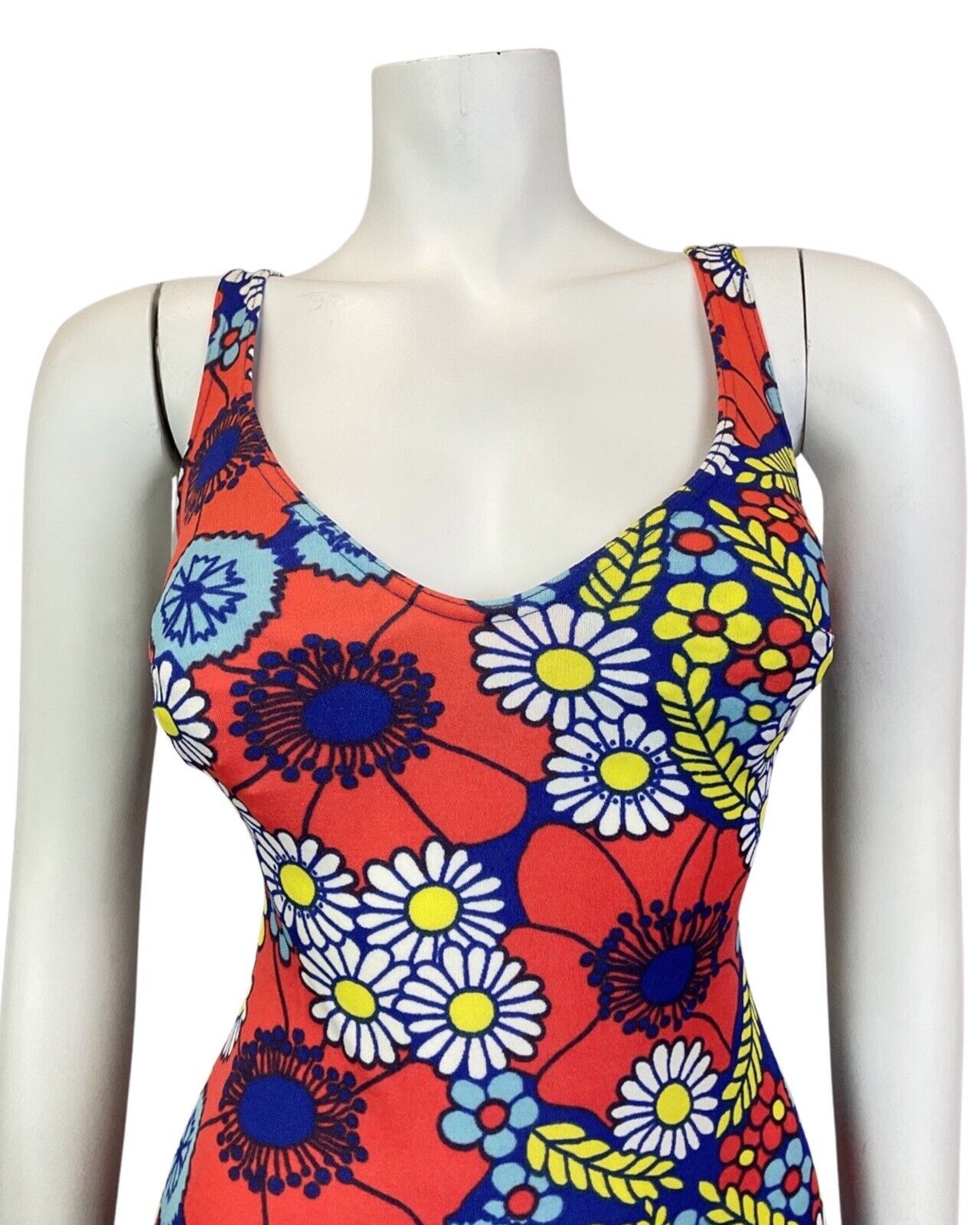 VINTAGE 60s 70s RED BLUE YELLOW DAISY FLOWER MOD SWIMSUIT BODYSUIT 10 12