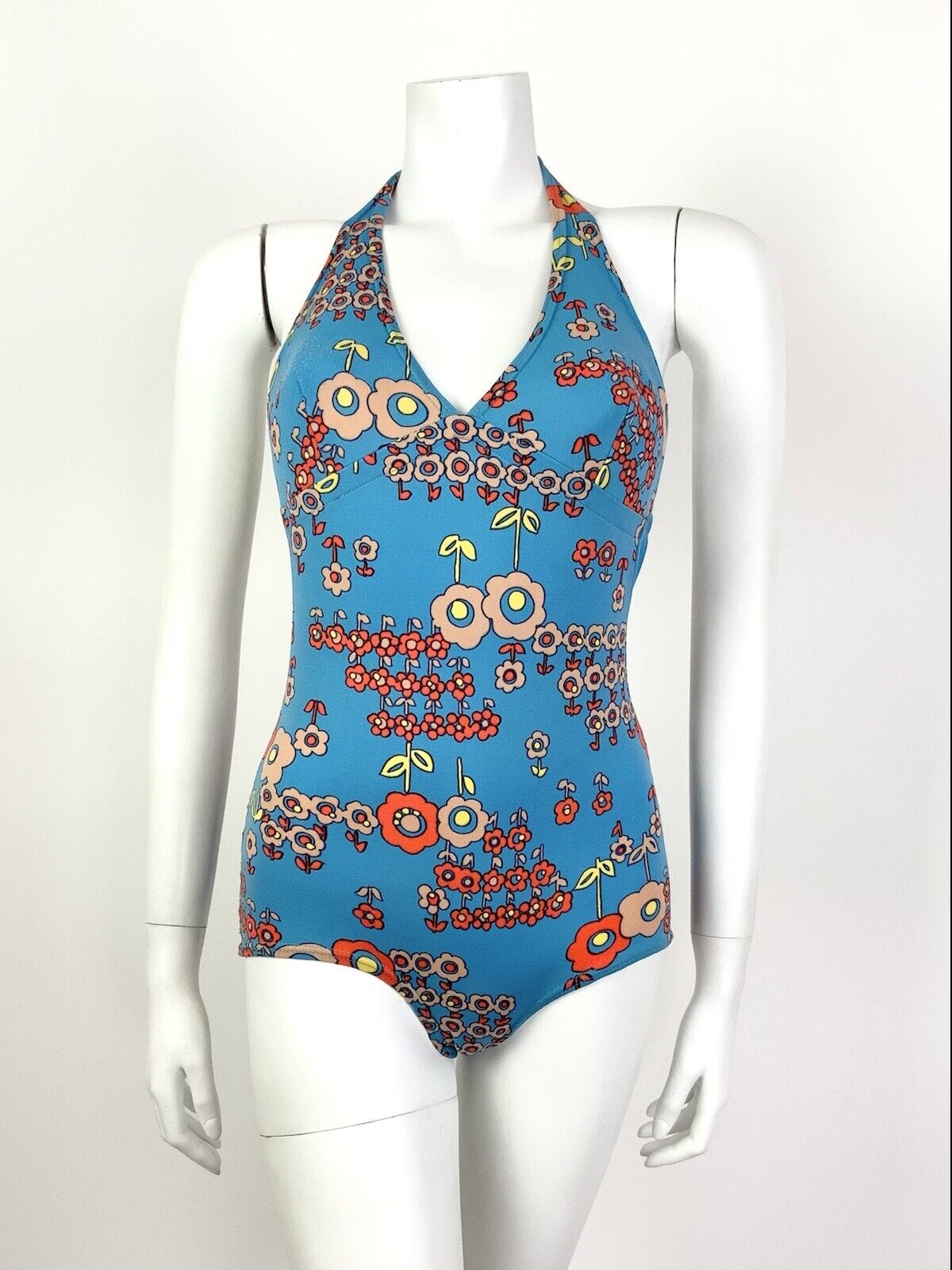 VTG 60s 70s BLUE ORANGE FLORAL DAISY MOD PSYCHEDELIC BATHING SWIM SUIT 8 10