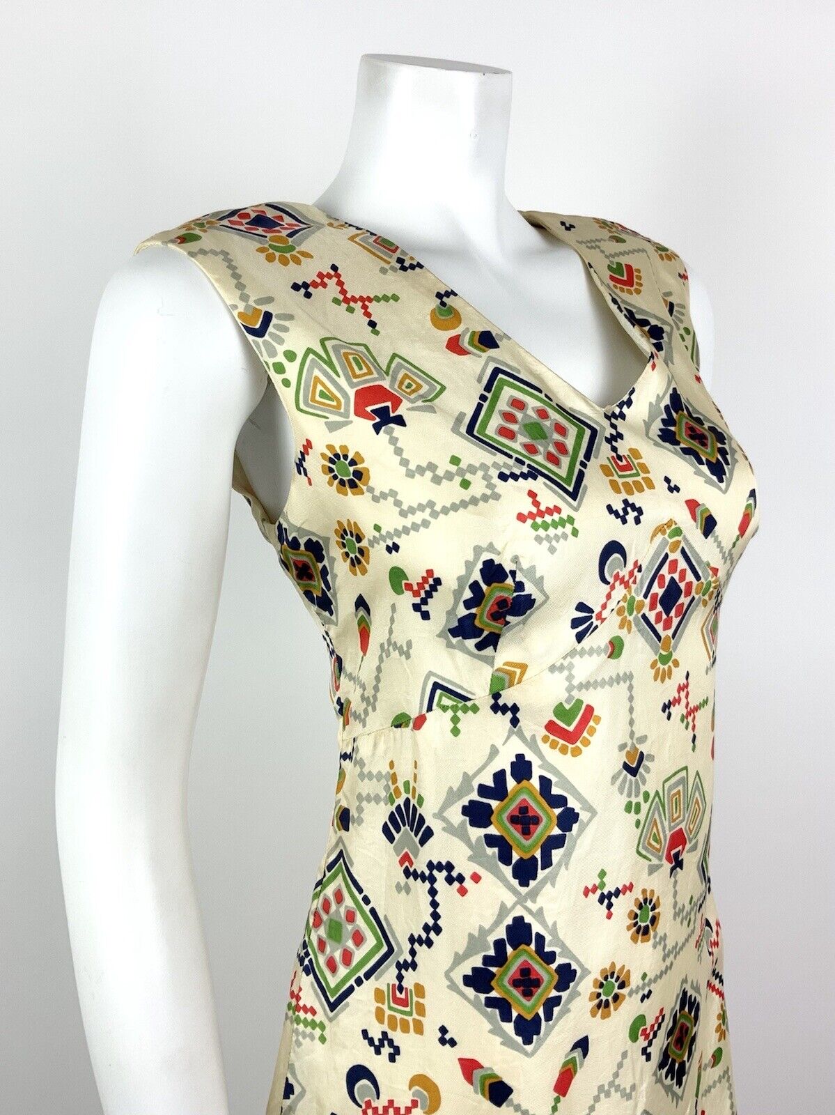 VINTAGE 60s 70s CREAM BLUE RED GREEN AZTEC FLORAL GEOMETRIC MOD DRESS 12 14