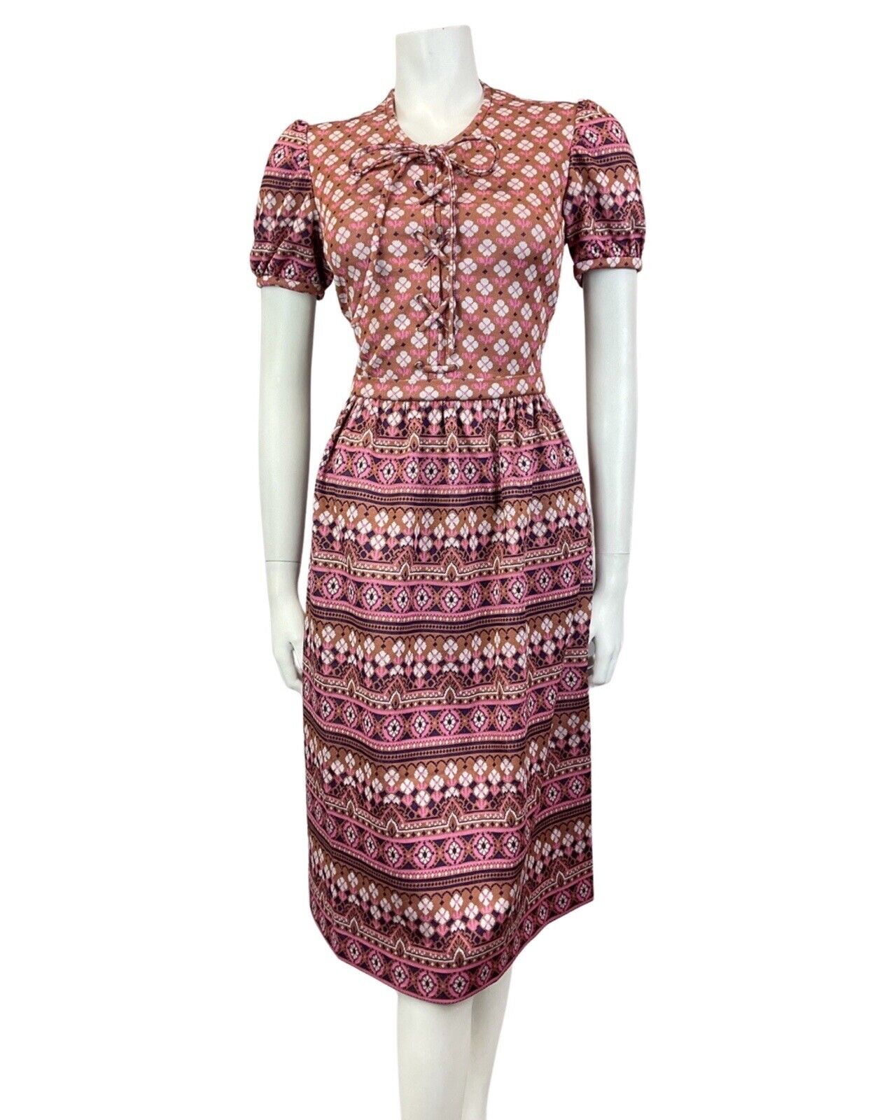 VINTAGE 60s 70s BROWN PINK WHITE GEOMETRIC DAISY LACE-UP BOHO FOLK MOD DRESS 10