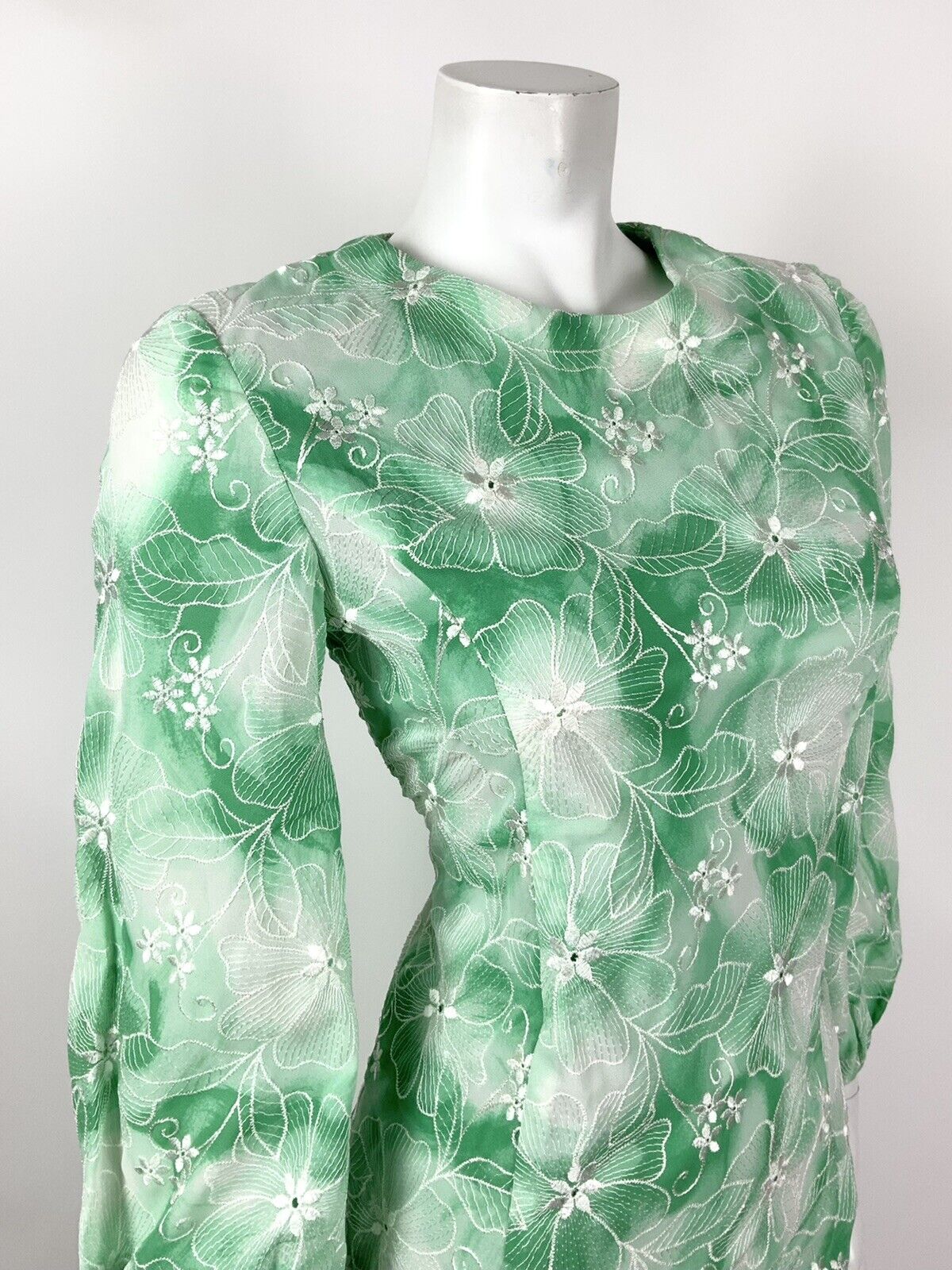 VINTAGE 60s 70s GREEN APPLE WHITE TIE-DYE FLORAL EMBROIDERED MOD DRESS 10