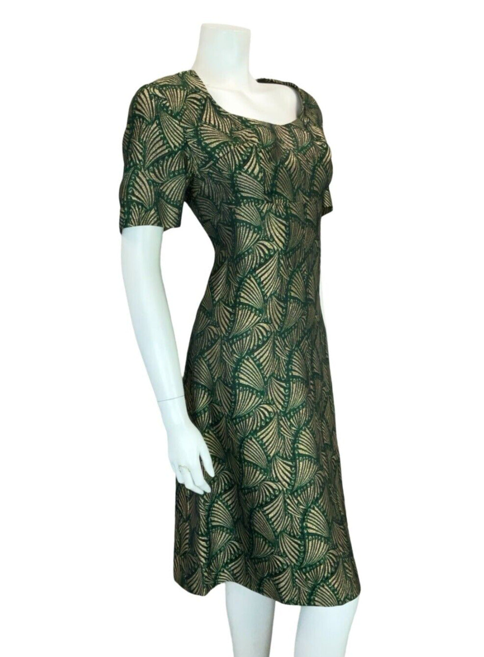 VTG 60S ART DECO FAN GOLD GREEN BLACK SHORT SLEEVE ROUNDED NECK DRESS 12