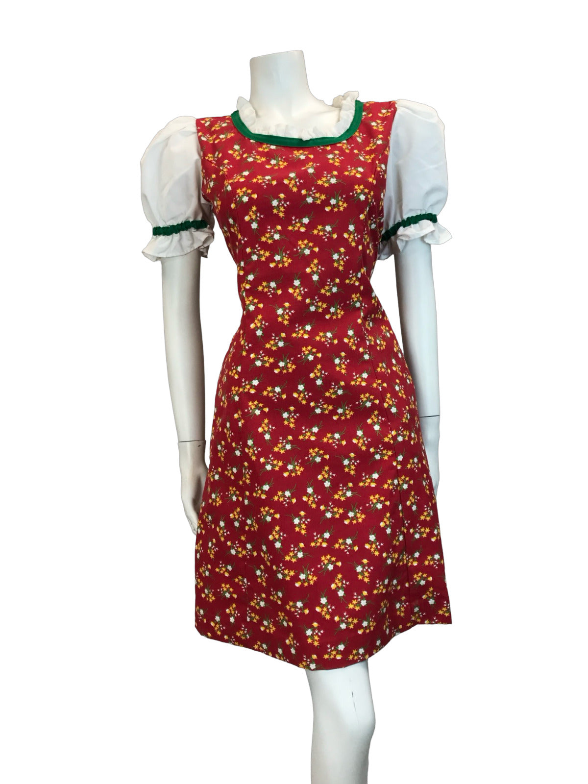 VTG 70S BAVARIAN OKTOBERFEST DIRNDL MINI DRESS RED FLORAL 12