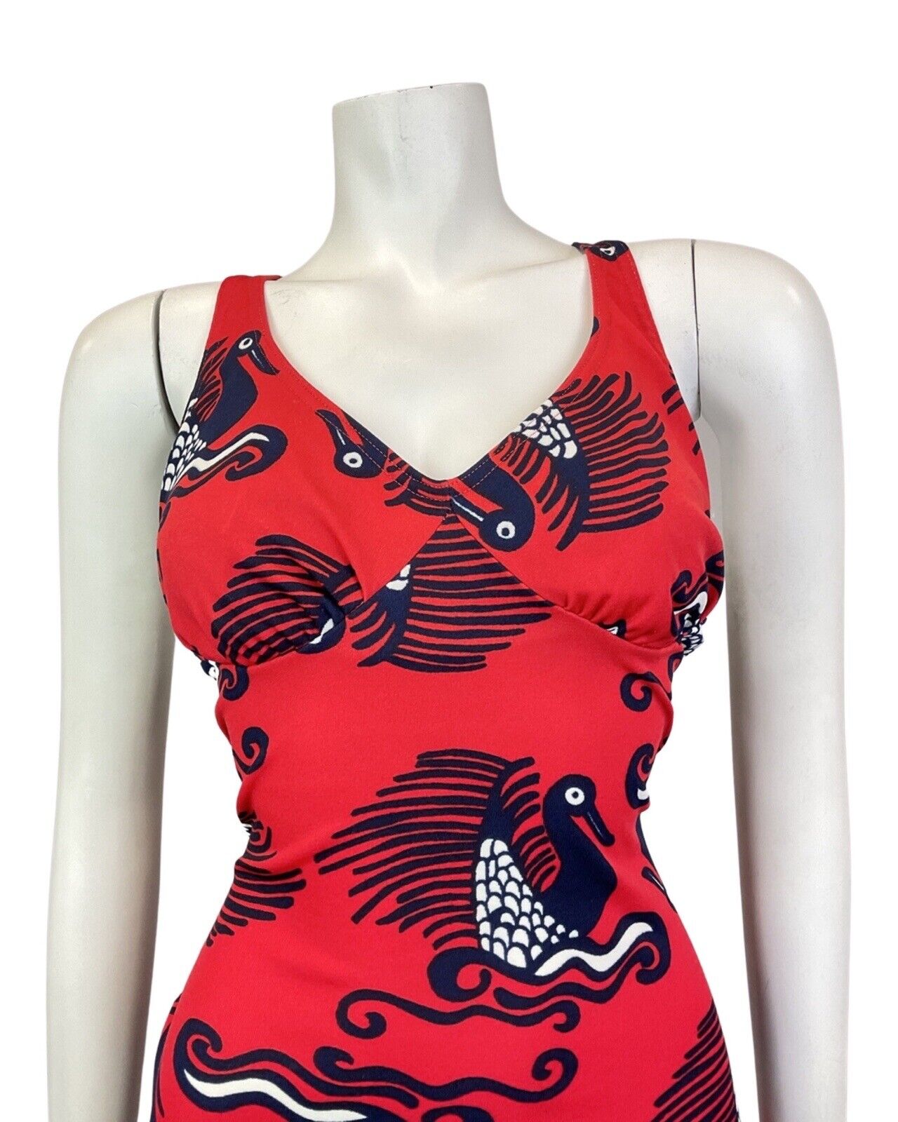 VINTAGE 60s 70s RED BLUE WHITE BIRD BOAT PSYCHEDELIC MOD SWIMSUIT BODYSUIT 8 10