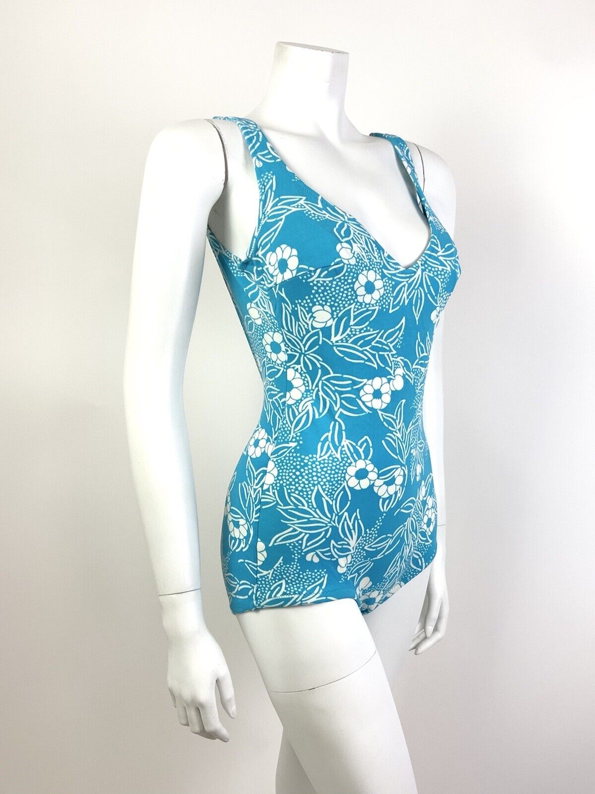 VTG 60s 70s BLUE WHITE FLORAL LEAFY MOD LOW-RISE SWIM BODY SUIT 9 10