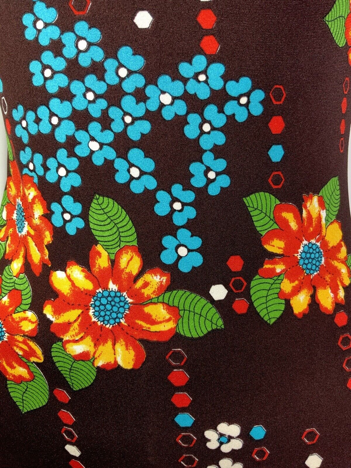 VTG 60s 70s BROWN ORANGE BLUE FLORAL LOW-BACK MOD SWIMSUIT BODY SUIT 10 12