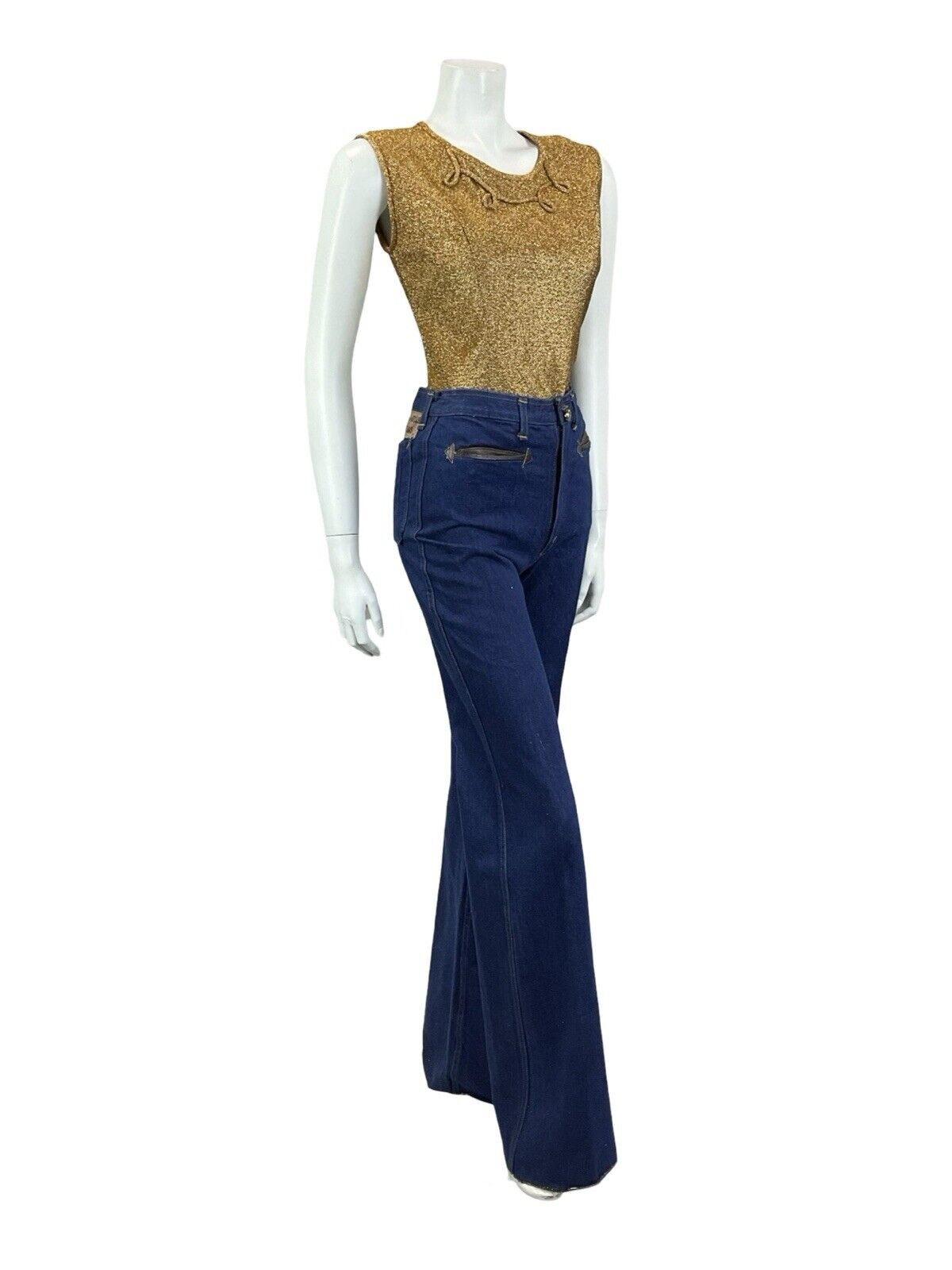 VTG 60S GOLD LUREX SWIRL PIPING ROUNDED NECK SLEEVELESS FITTED PARTY TOP 10