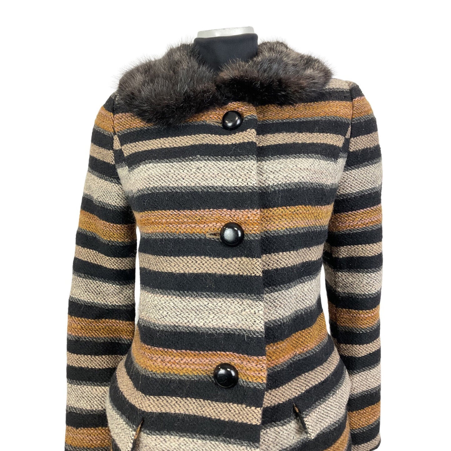 VINTAGE 60s 70s BLACK WHITE ORANGE STRIPED FUR COLLAR MOD WOOL SWING COAT 14 16